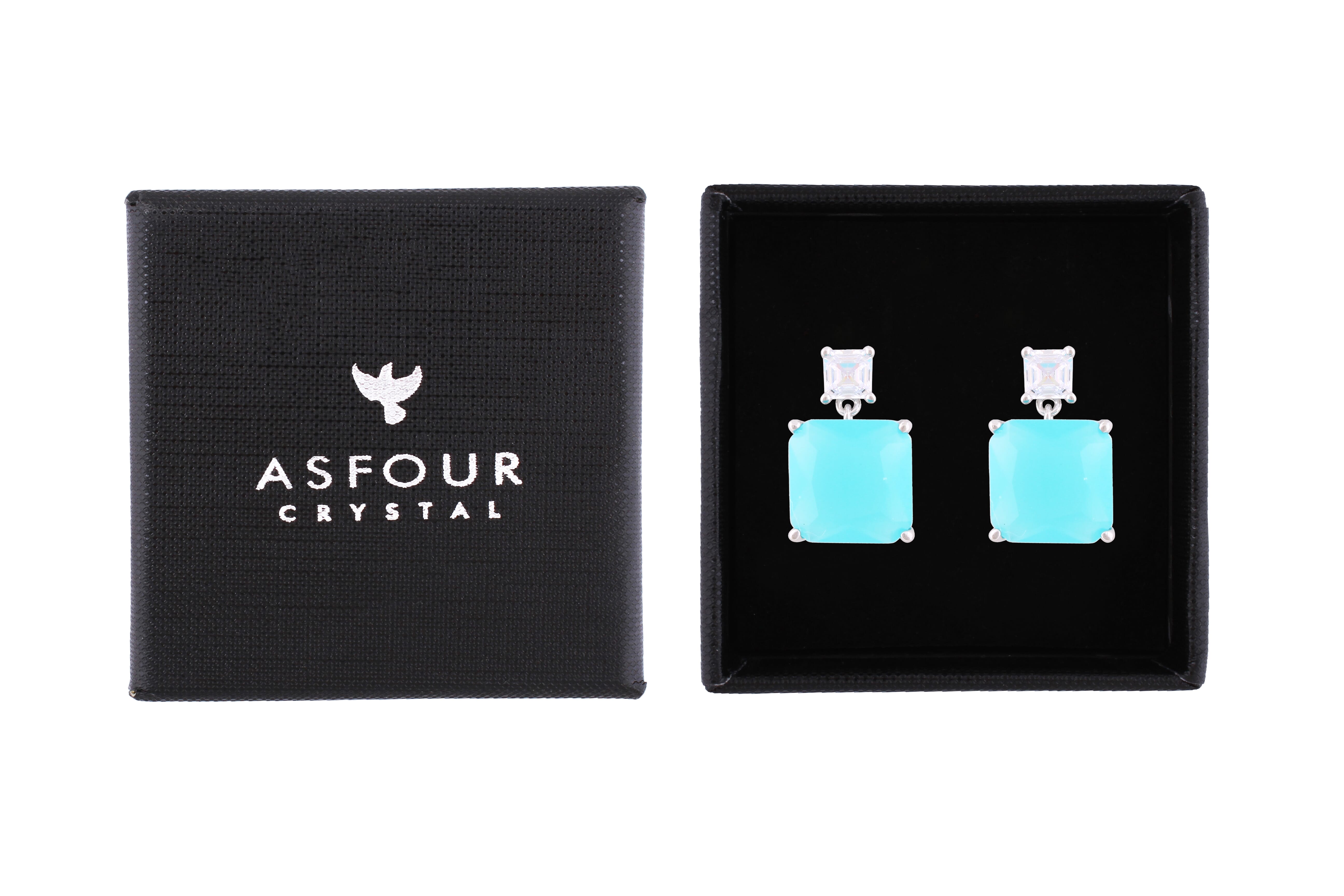 Asfour Crystal Stud Earrings With Aquamarine Square Zircon In 925 Sterling Silver-ED0116-MM