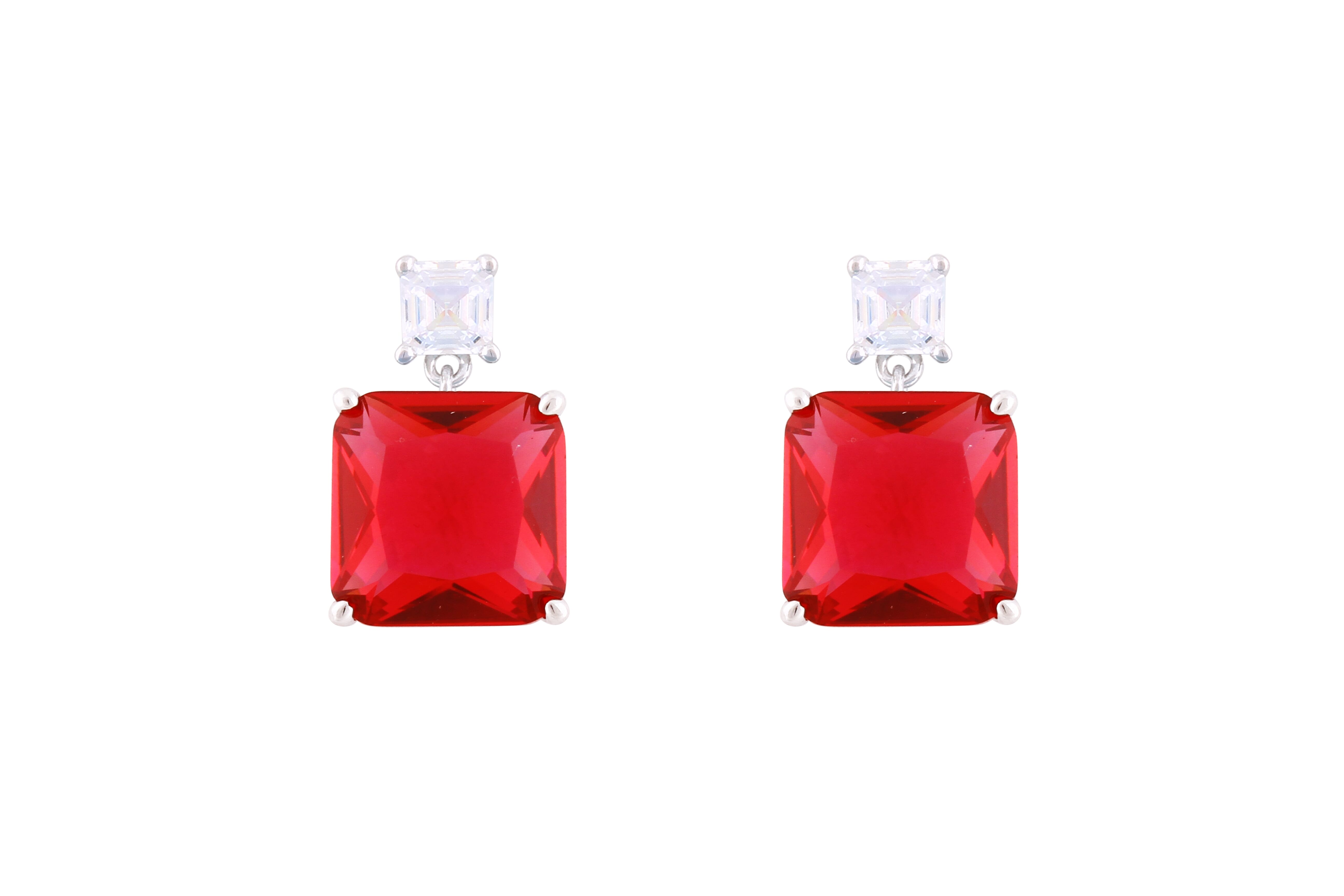 Asfour Crystal Stud Earrings With Ruby Square Zircon In 925 Sterling Silver-ED0116-R