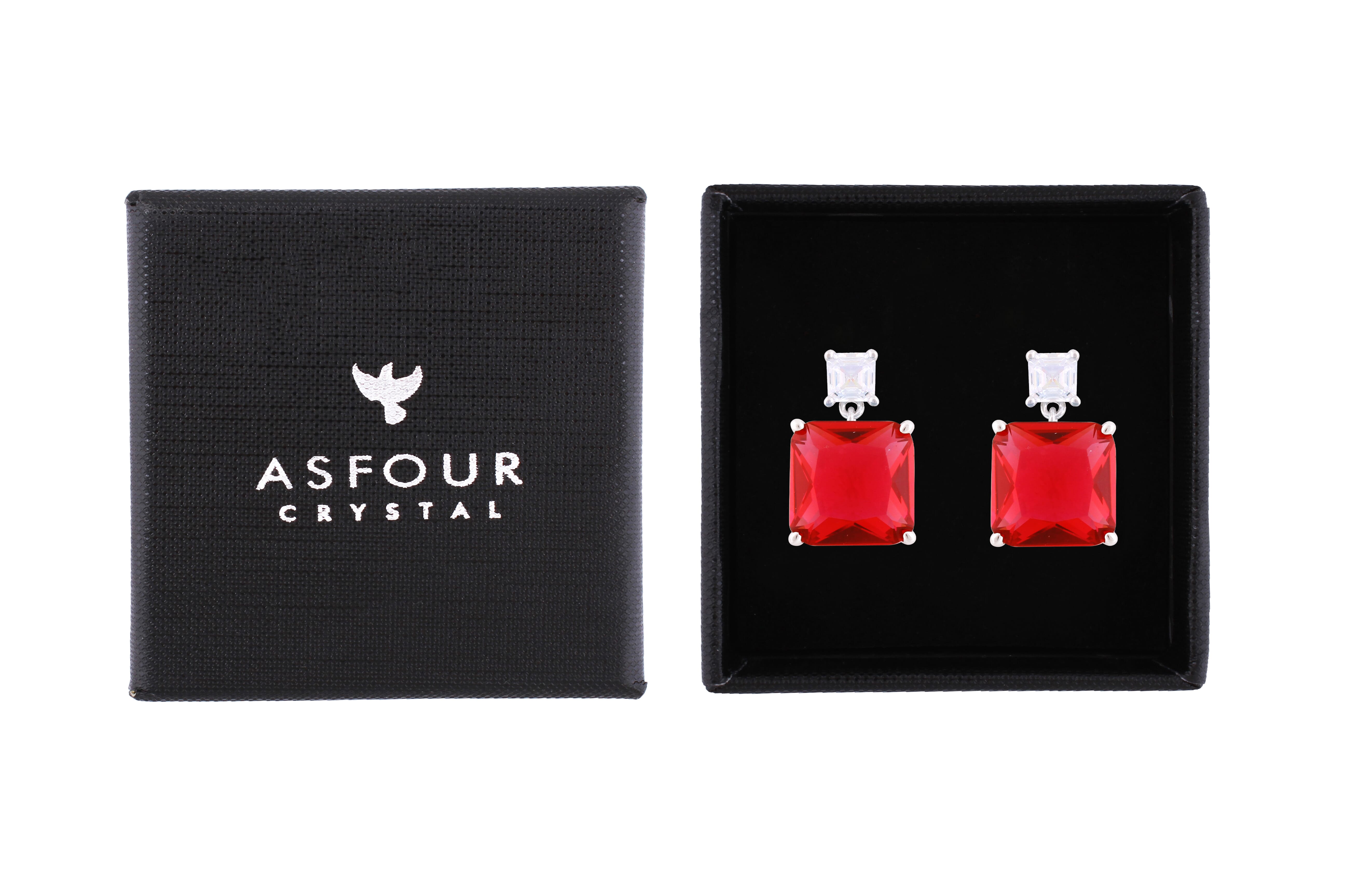 Asfour Crystal Stud Earrings With Ruby Square Zircon In 925 Sterling Silver-ED0116-R