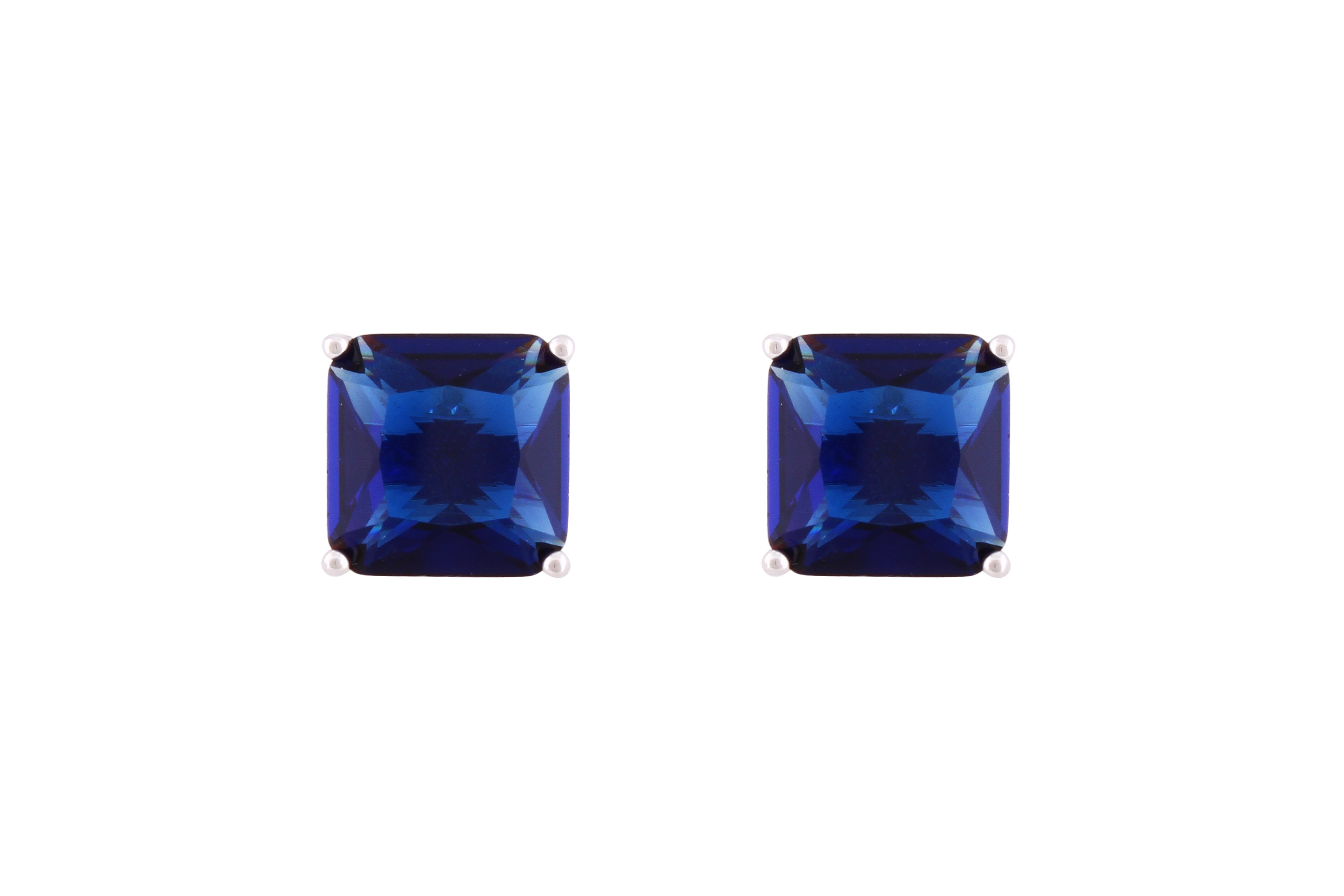 Asfour Crystal Stud Earrings With Blue Square Zircon In 925 Sterling Silver-ED0117-B