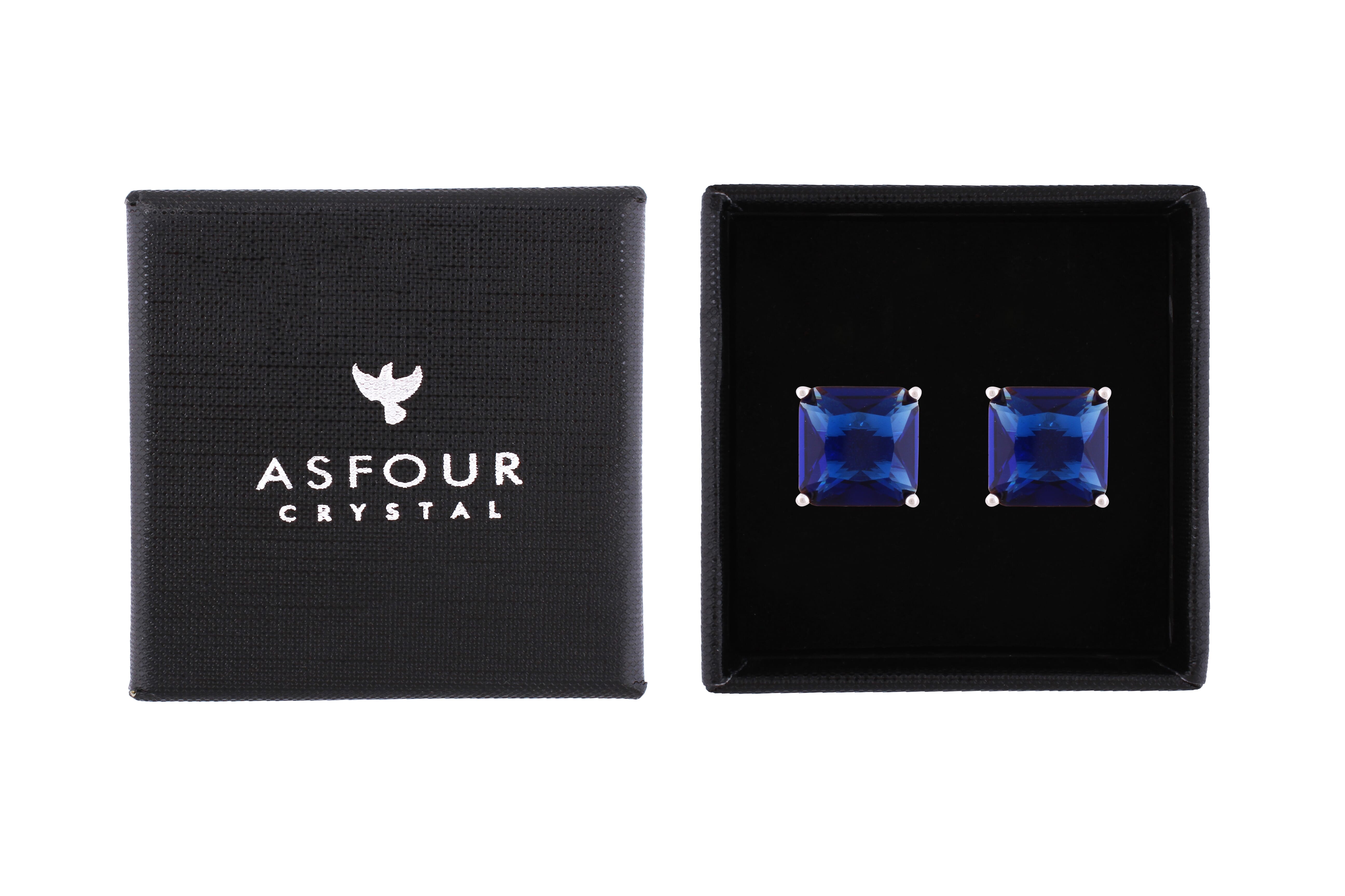 Asfour Crystal Stud Earrings With Blue Square Zircon In 925 Sterling Silver-ED0117-B