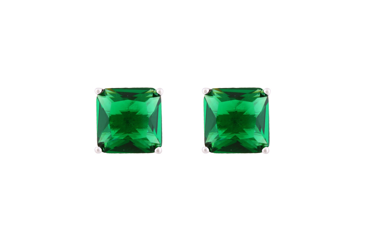 Asfour Crystal Stud Earrings With Emerald Square Zircon In 925 Sterling Silver-ED0117-G