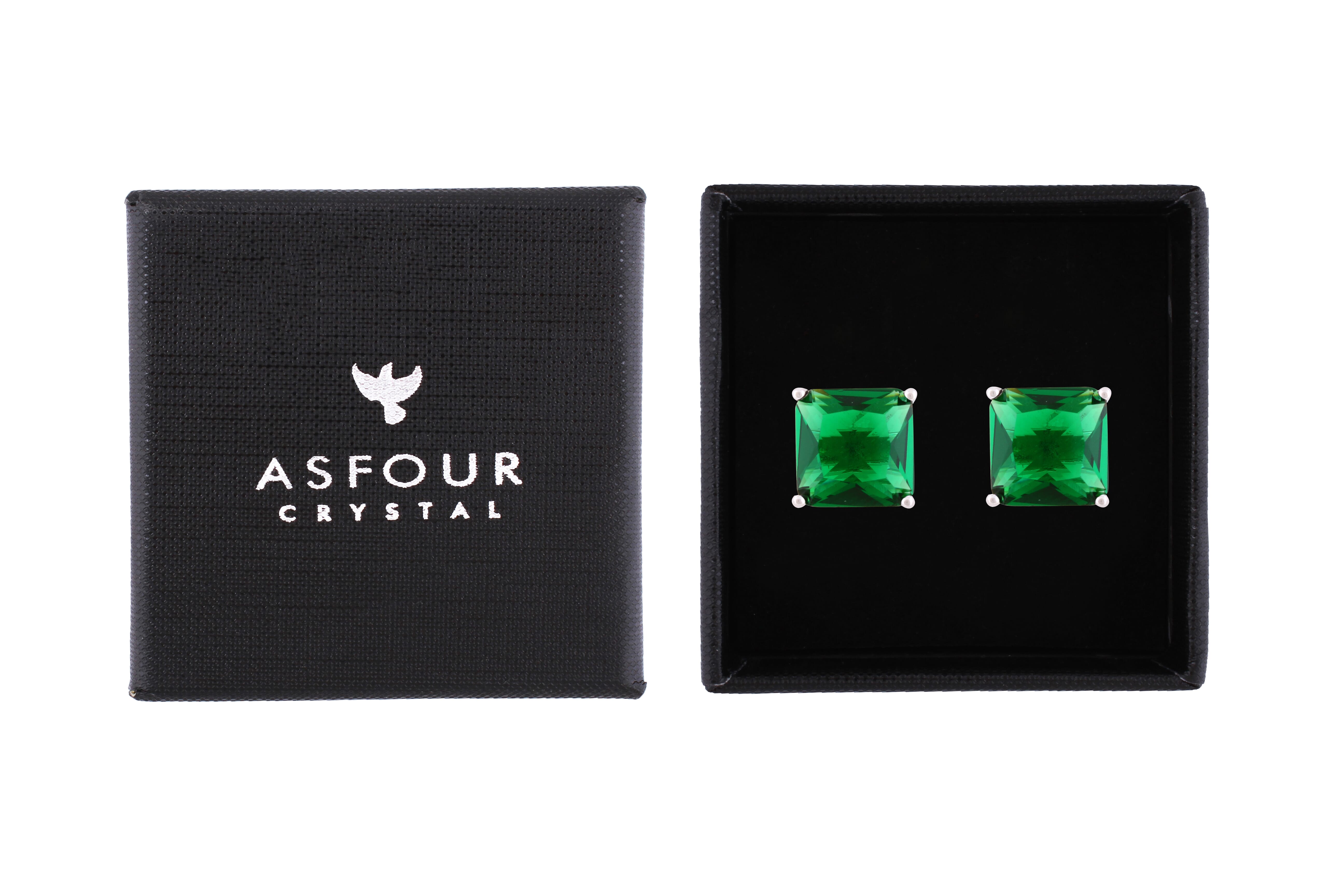 Asfour Crystal Stud Earrings With Emerald Square Zircon In 925 Sterling Silver-ED0117-G