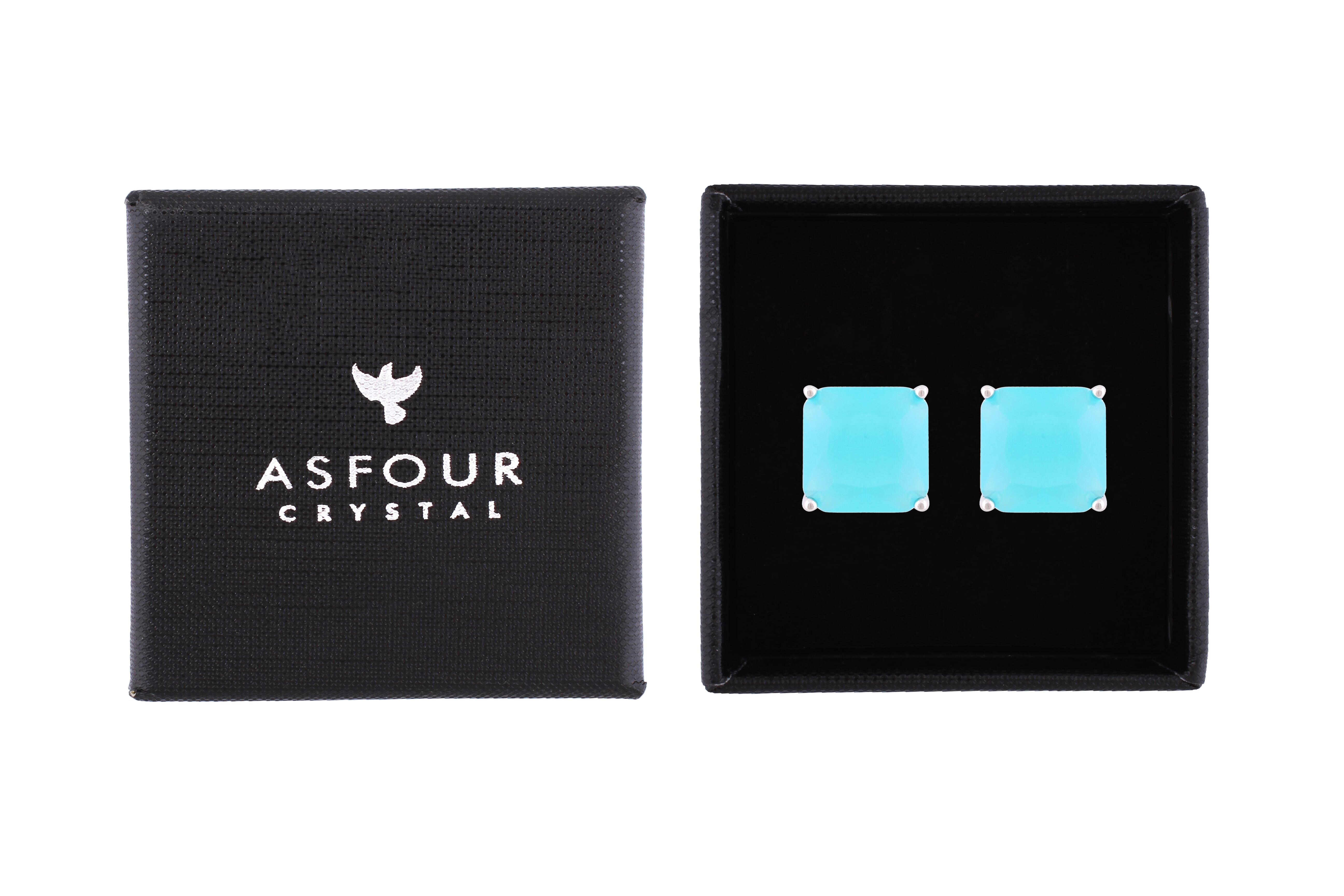 Asfour Crystal Stud Earrings With Aquamarine Square Zircon In 925 Sterling Silver-ED0117-MM