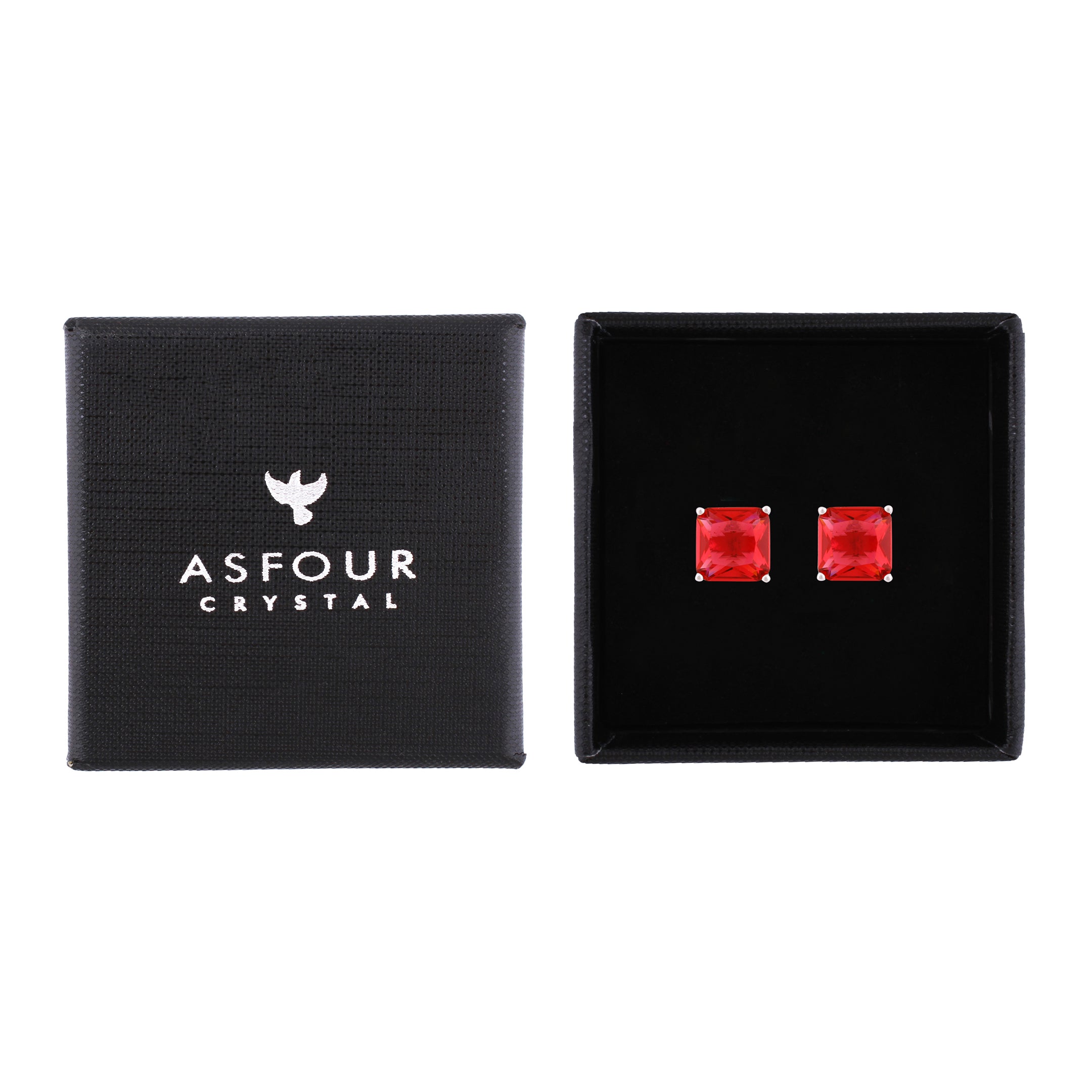Asfour Crystal Stud Earrings With Ruby Square Zircon In 925 Sterling Silver-ED0117-R