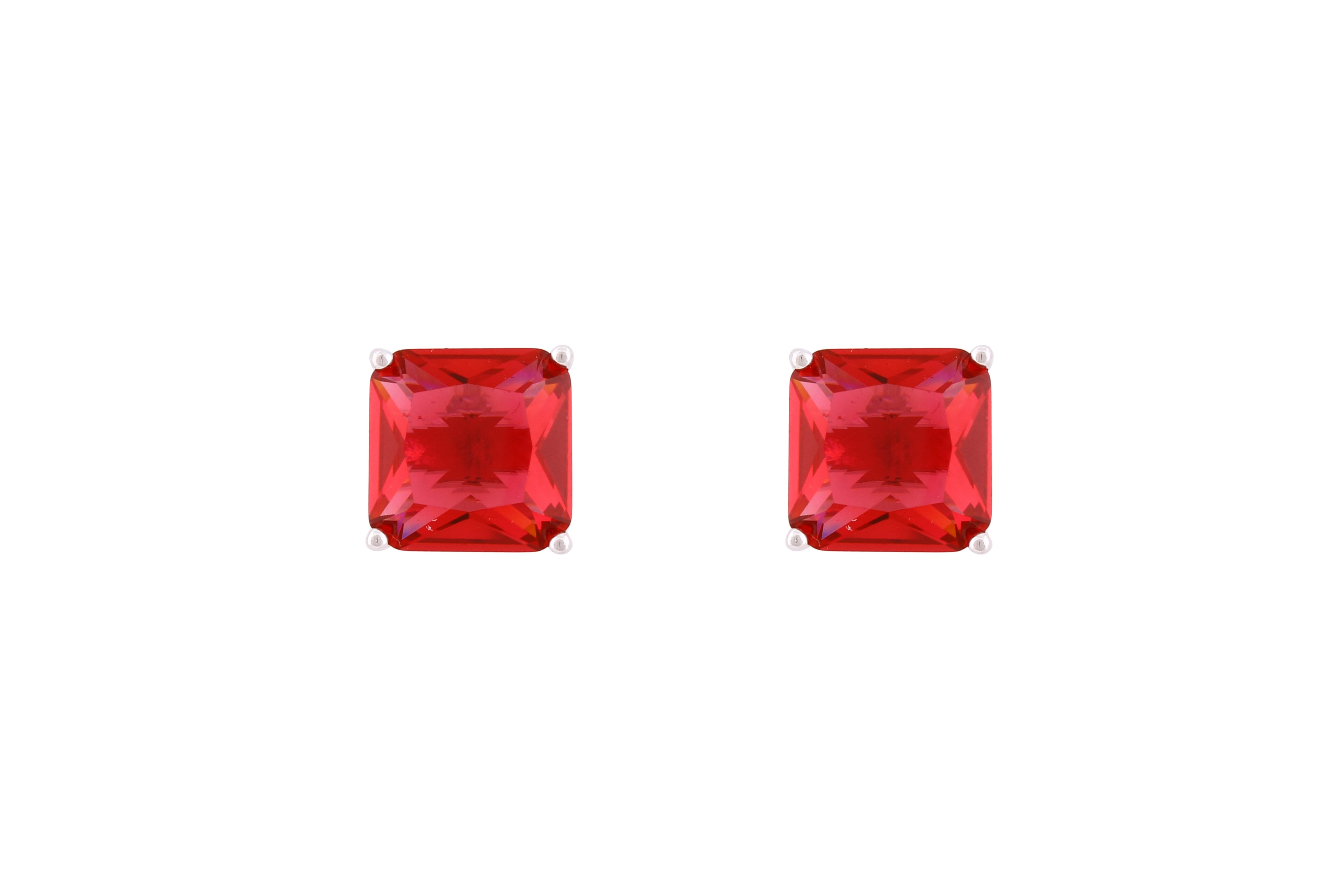 Asfour Crystal Stud Earrings With Ruby Square Zircon In 925 Sterling Silver-ED0117-R