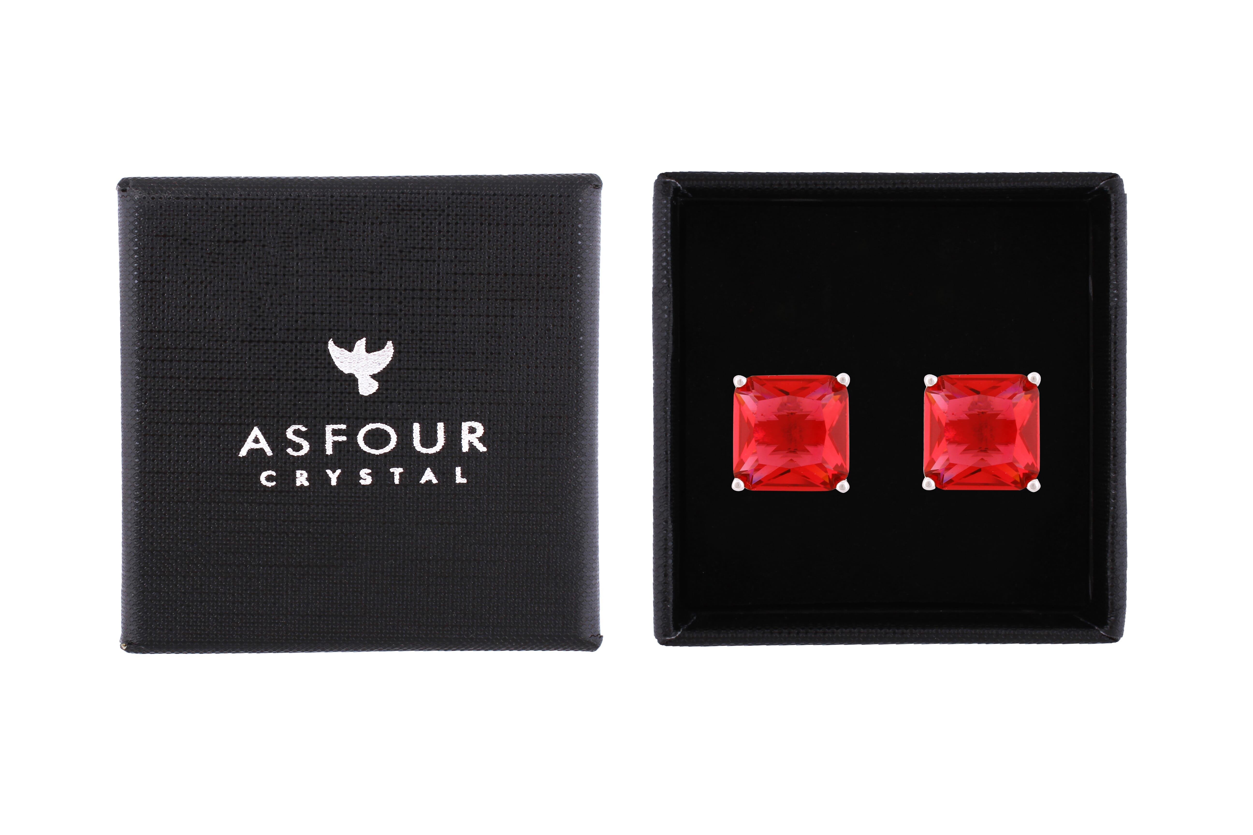 Asfour Crystal Stud Earrings With Ruby Square Zircon In 925 Sterling Silver-ED0117-R