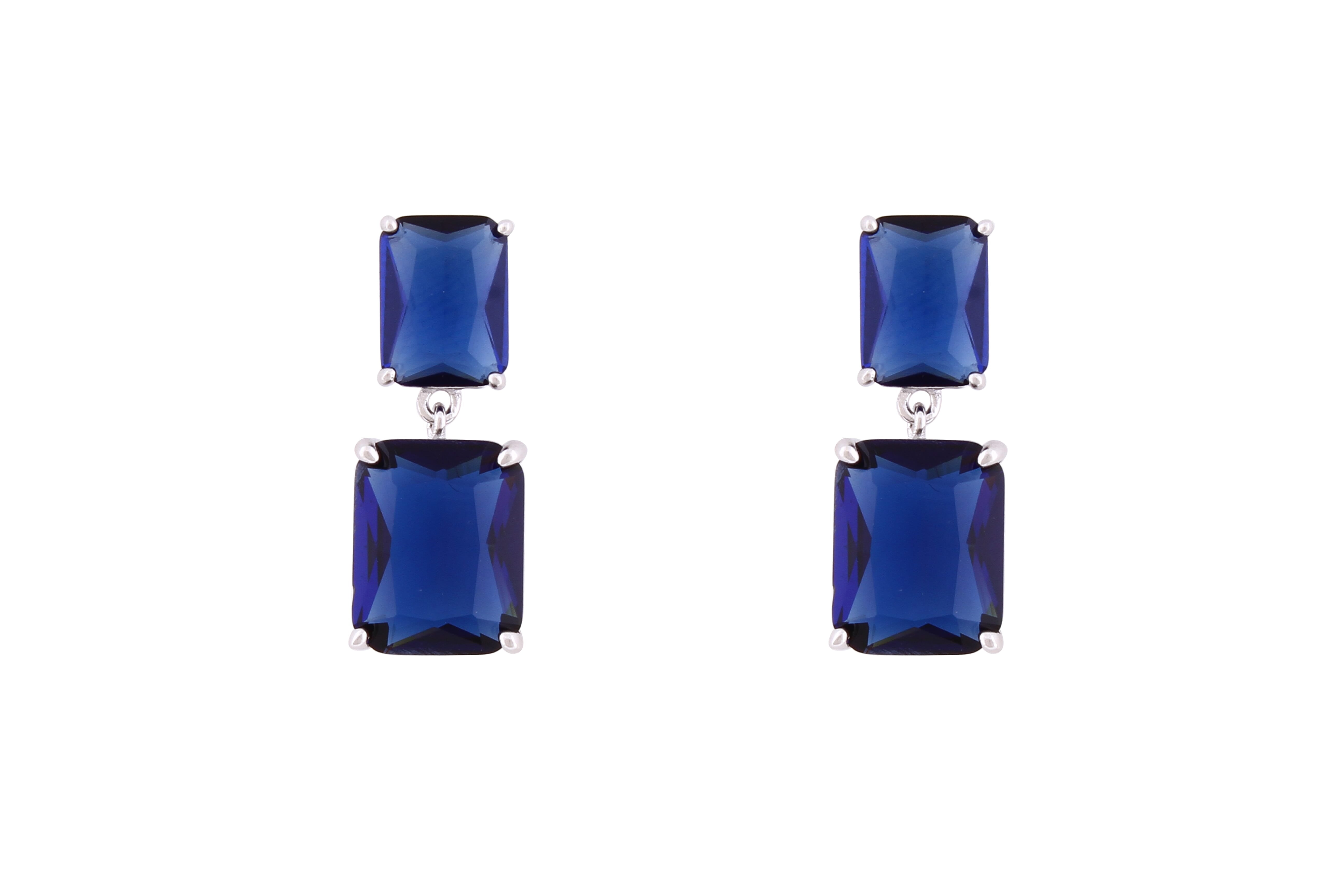 Asfour Crystal Stud Earrings With Emerald Cut Blue Zircon In 925 Sterling Silver-ED0118-B