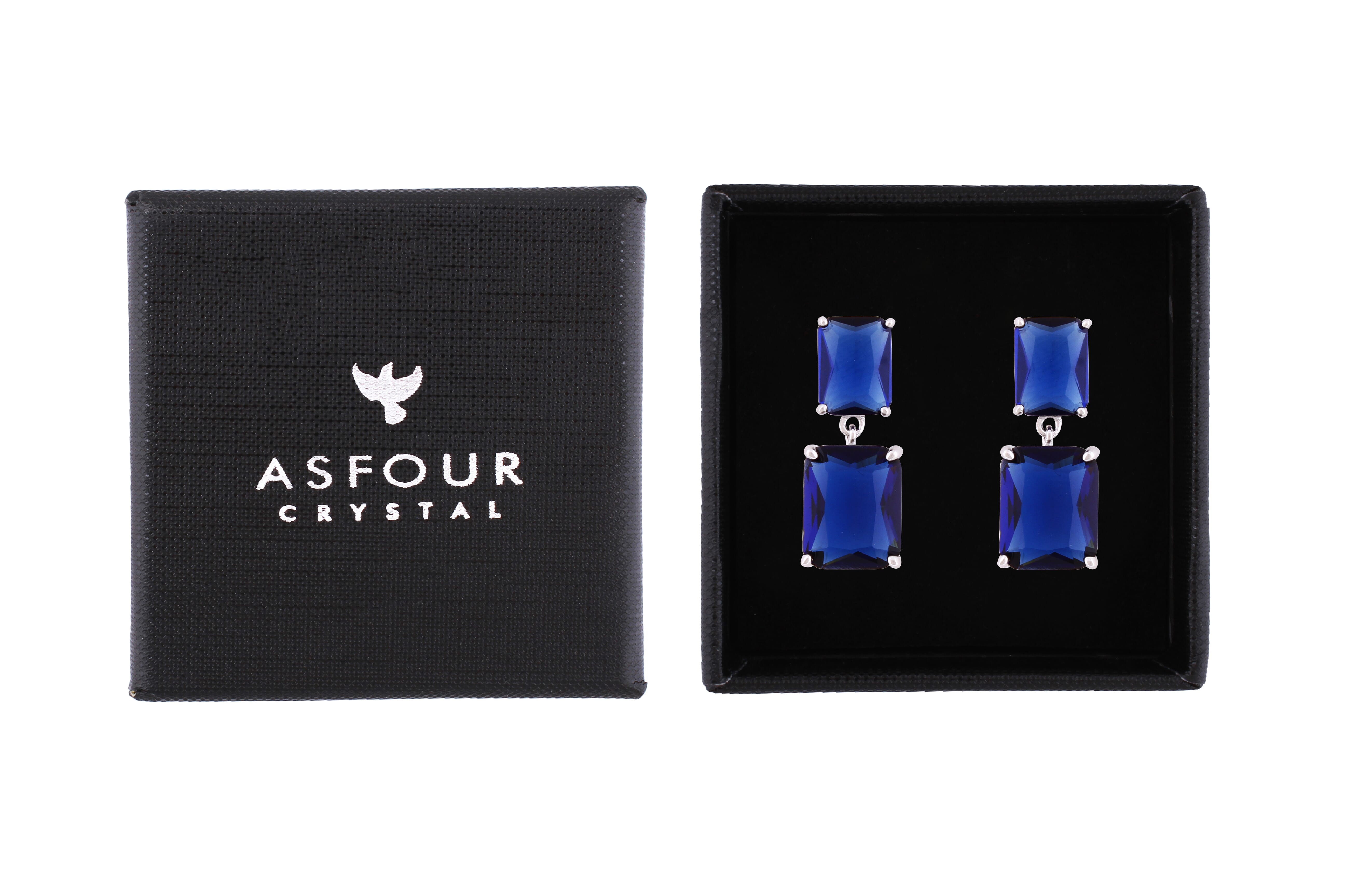 Asfour Crystal Stud Earrings With Emerald Cut Blue Zircon In 925 Sterling Silver-ED0118-B