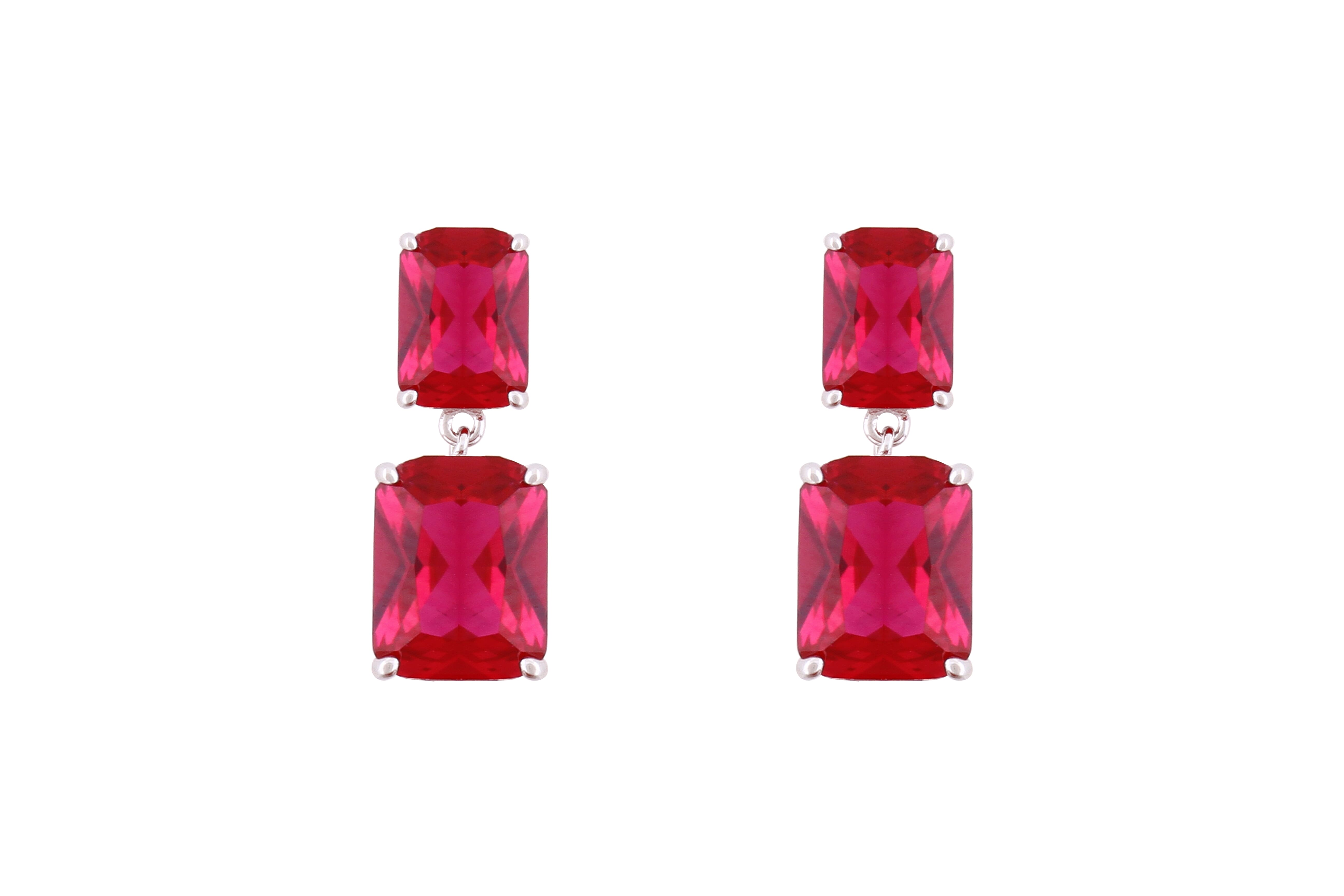 Asfour Crystal Stud Earrings With Emerald Cut Fuchsia Zircon Stones In 925 Sterling Silver-ED0118-F