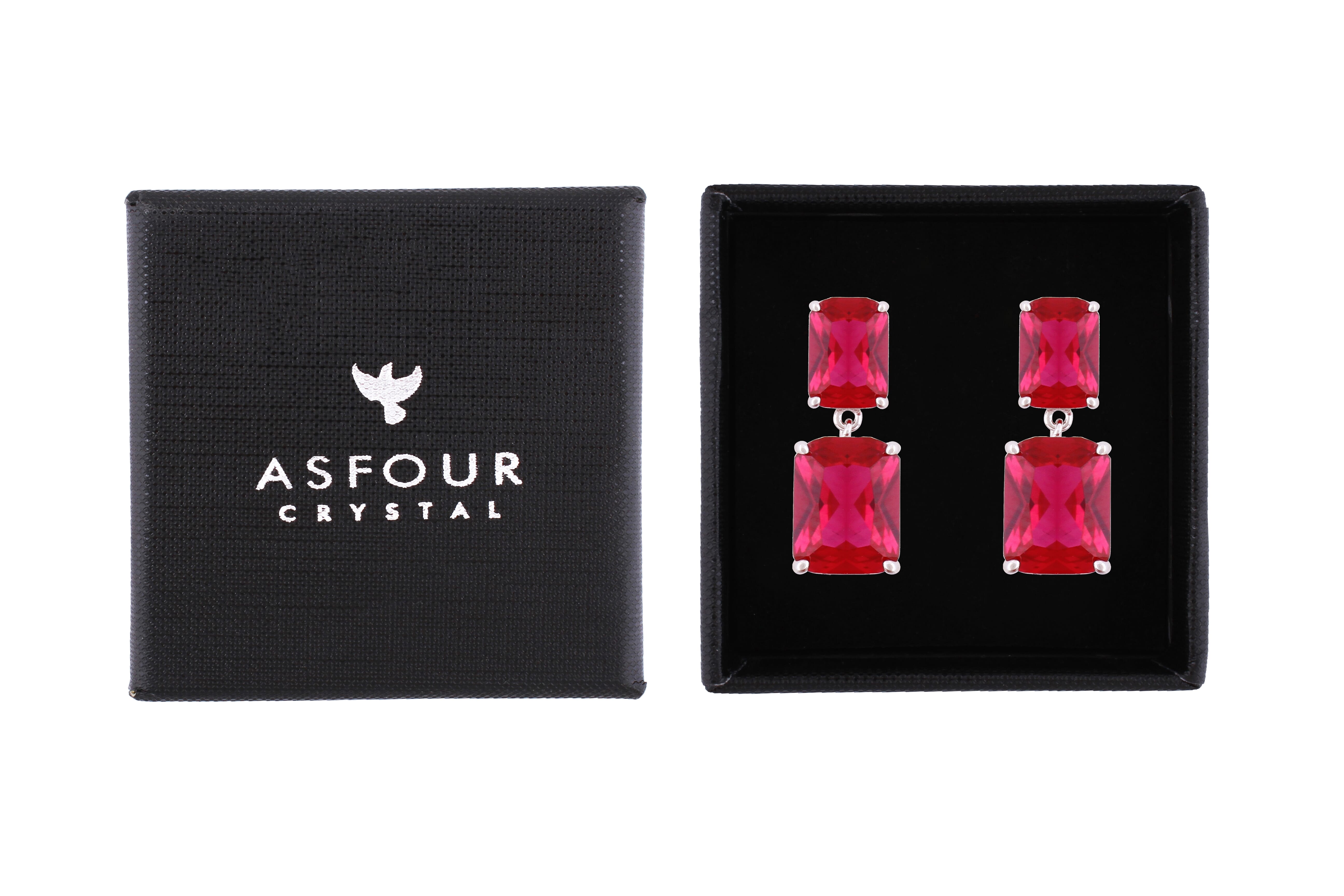 Asfour Crystal Stud Earrings With Emerald Cut Fuchsia Zircon Stones In 925 Sterling Silver-ED0118-F