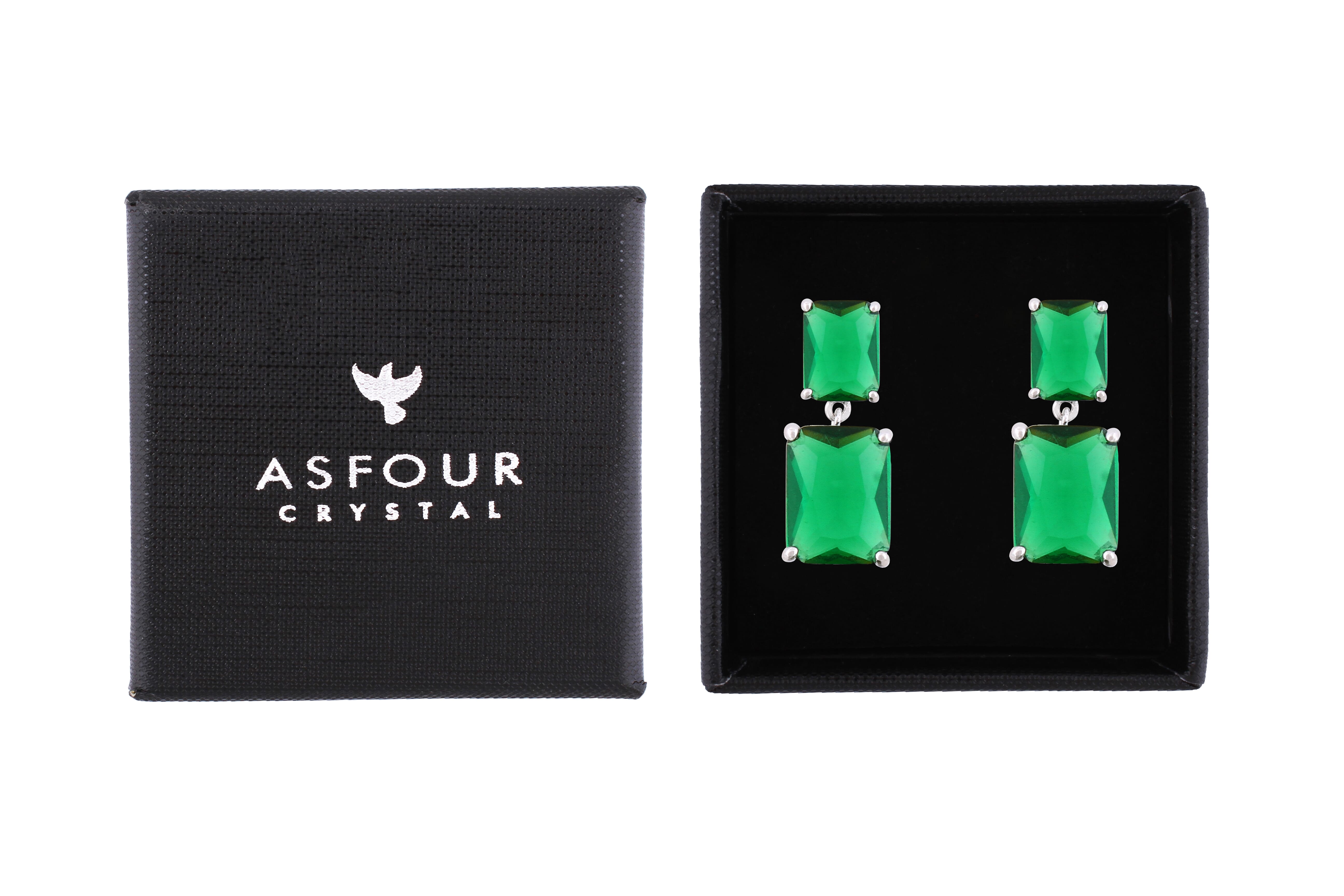 Asfour Crystal Stud Earrings With Emerald Zircon In 925 Sterling Silver-ED0118-G