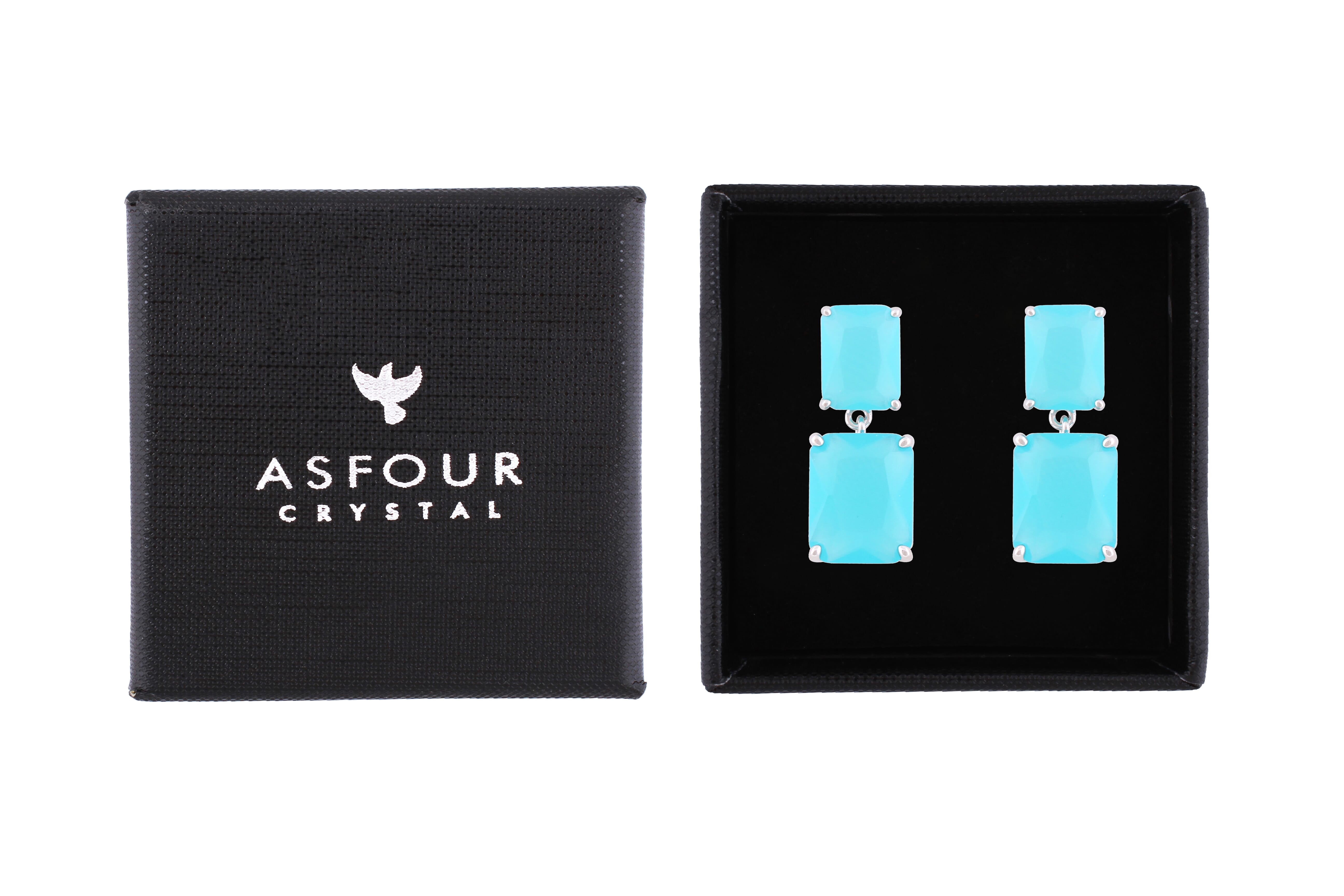 Asfour Crystal Stud Earrings With Emerald Cut Aquamarine Zircon Stones In 925 Sterling Silver-ED0118-MM