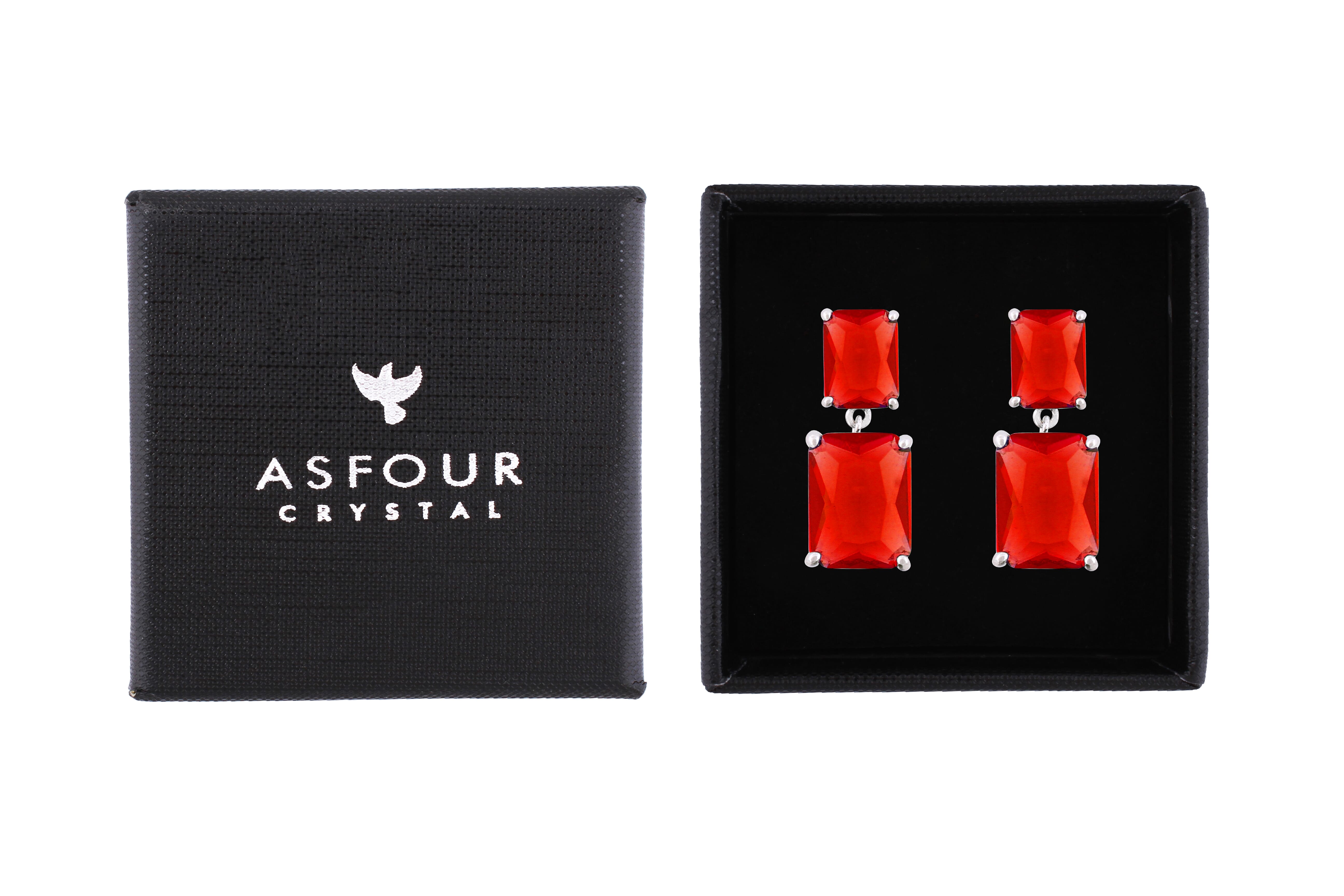 Asfour Crystal Stud Earrings With Emerald Cut Ruby Zircon In 925 Sterling Silver-ED0118-R