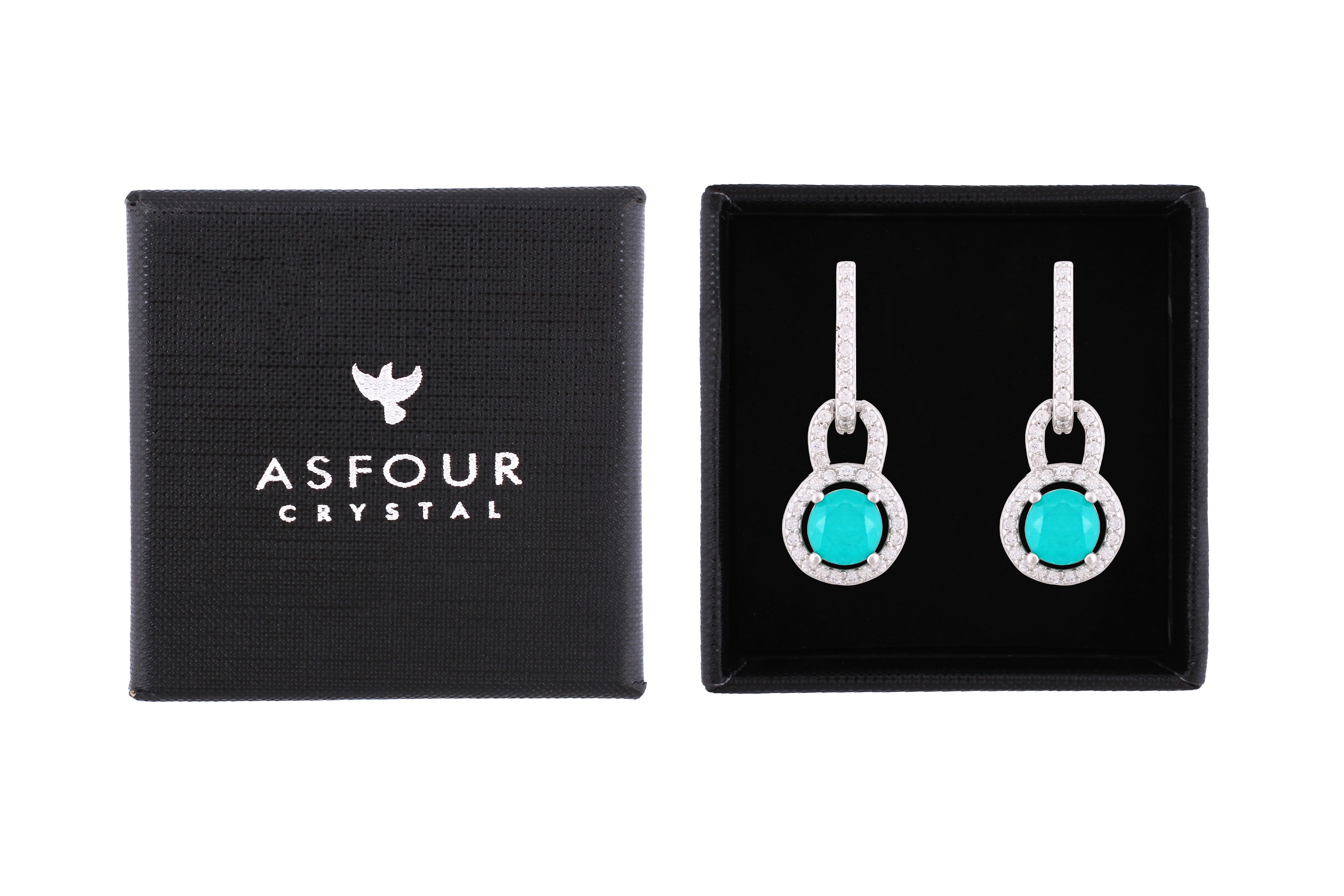 Asfour Crystal Stud Earrings With Turquoise Decorative Round Design In 925 Sterling Silver-ED0119-GC