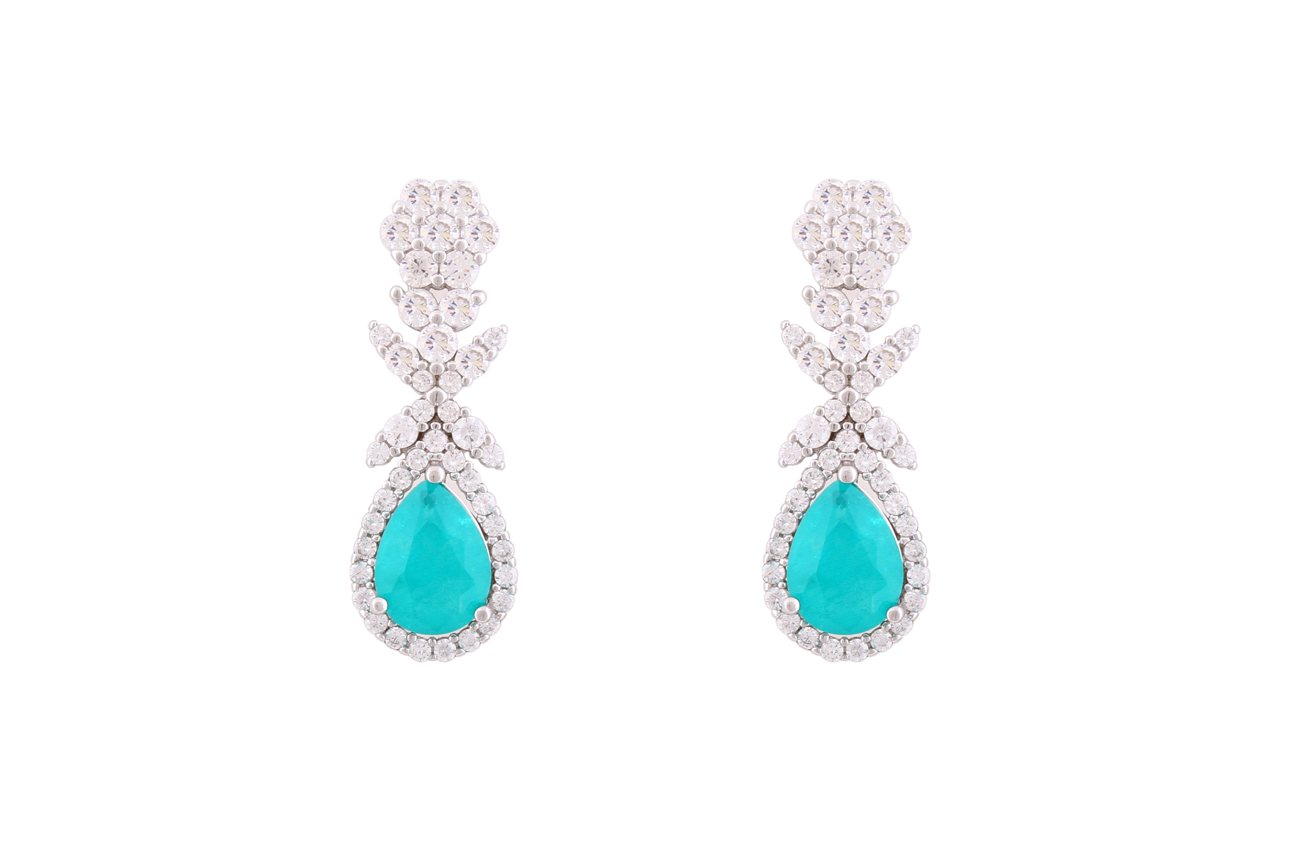 Asfour Crystal Stud Earrings With Turquoise Decorative Pear Design In 925 Sterling Silver-ED0120-WGC