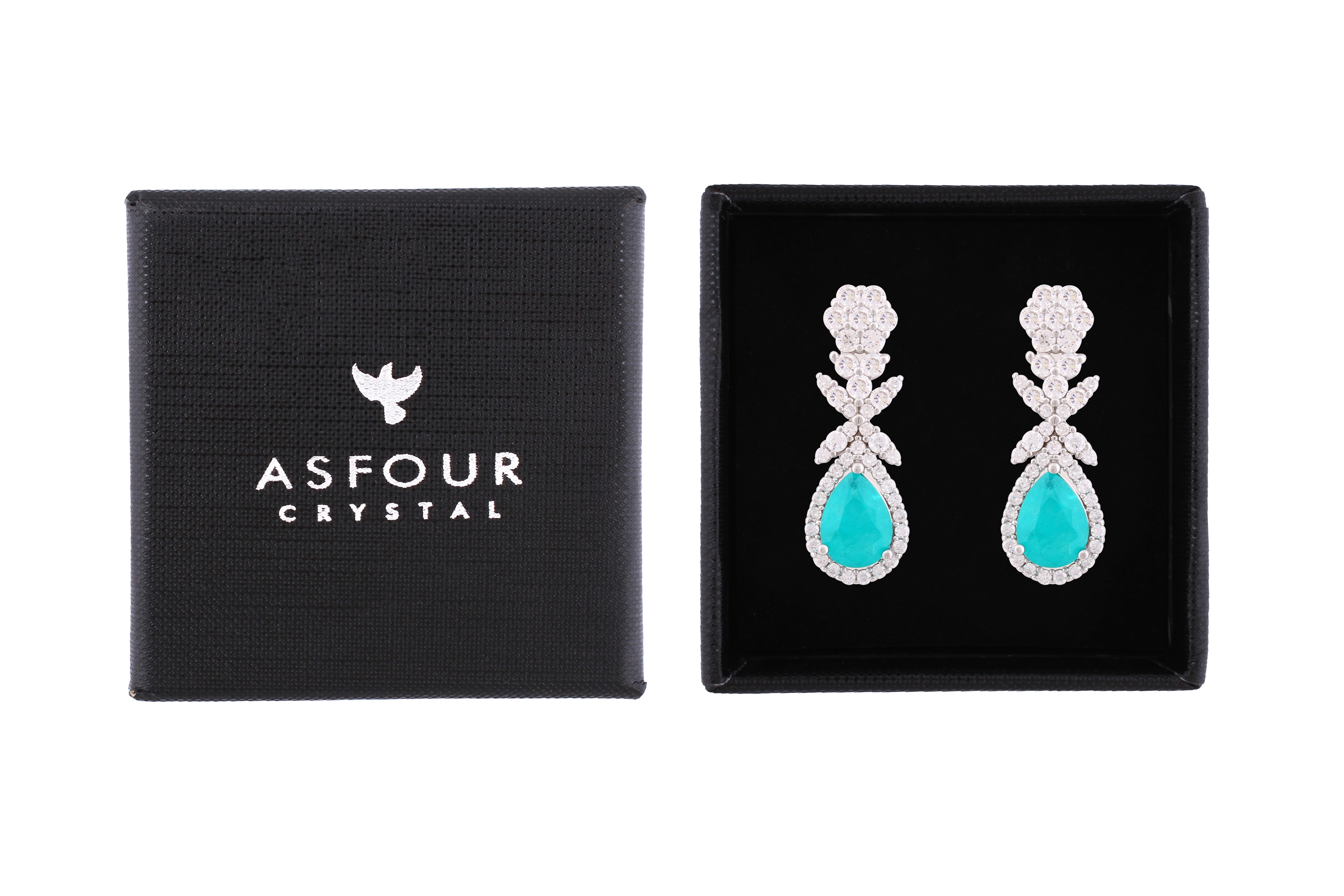 Asfour Crystal Stud Earrings With Turquoise Decorative Pear Design In 925 Sterling Silver-ED0120-WGC