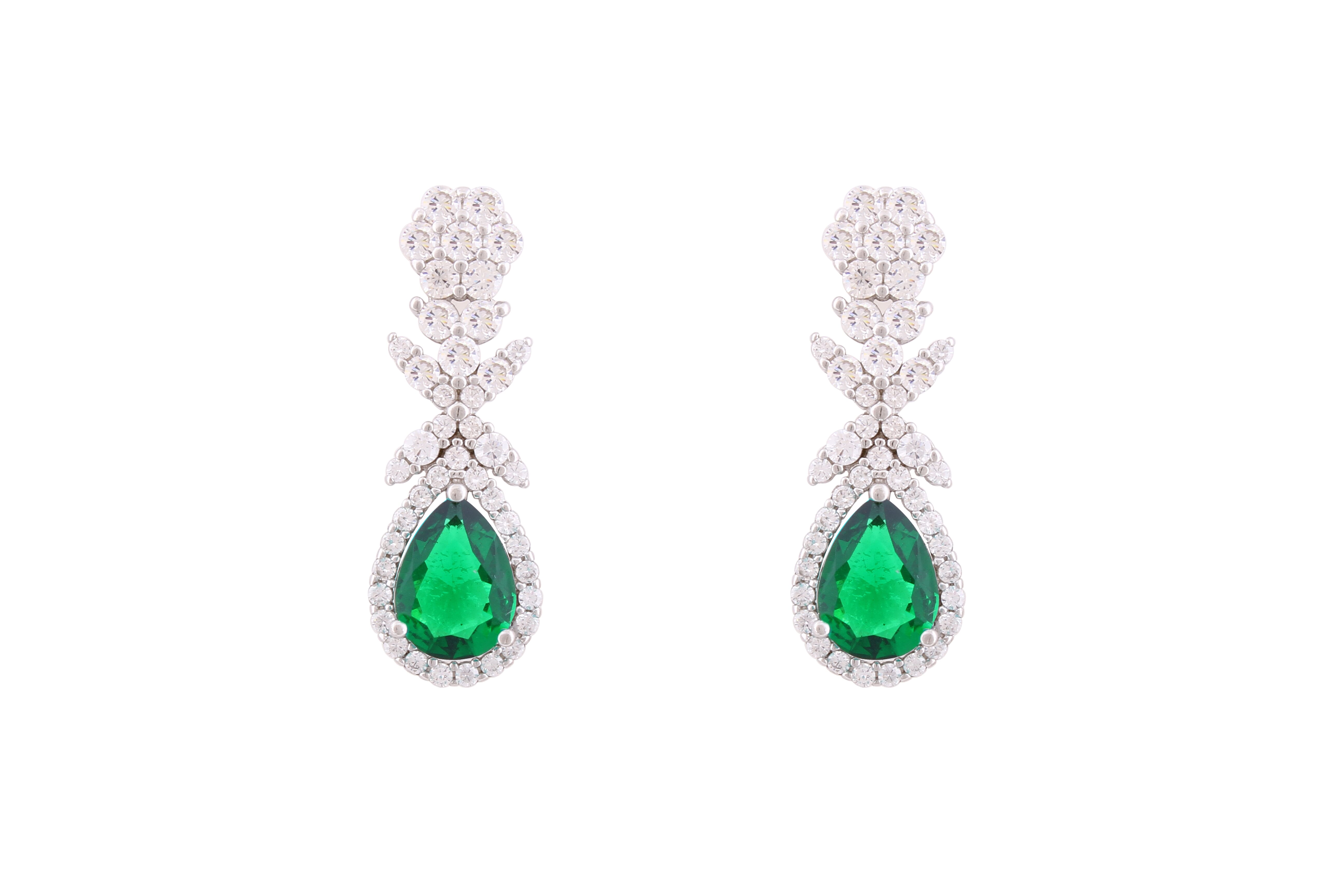 Asfour Crystal Stud Earrings With Emerald Decorative Pear Design In 925 Sterling Silver-ED0120-WG