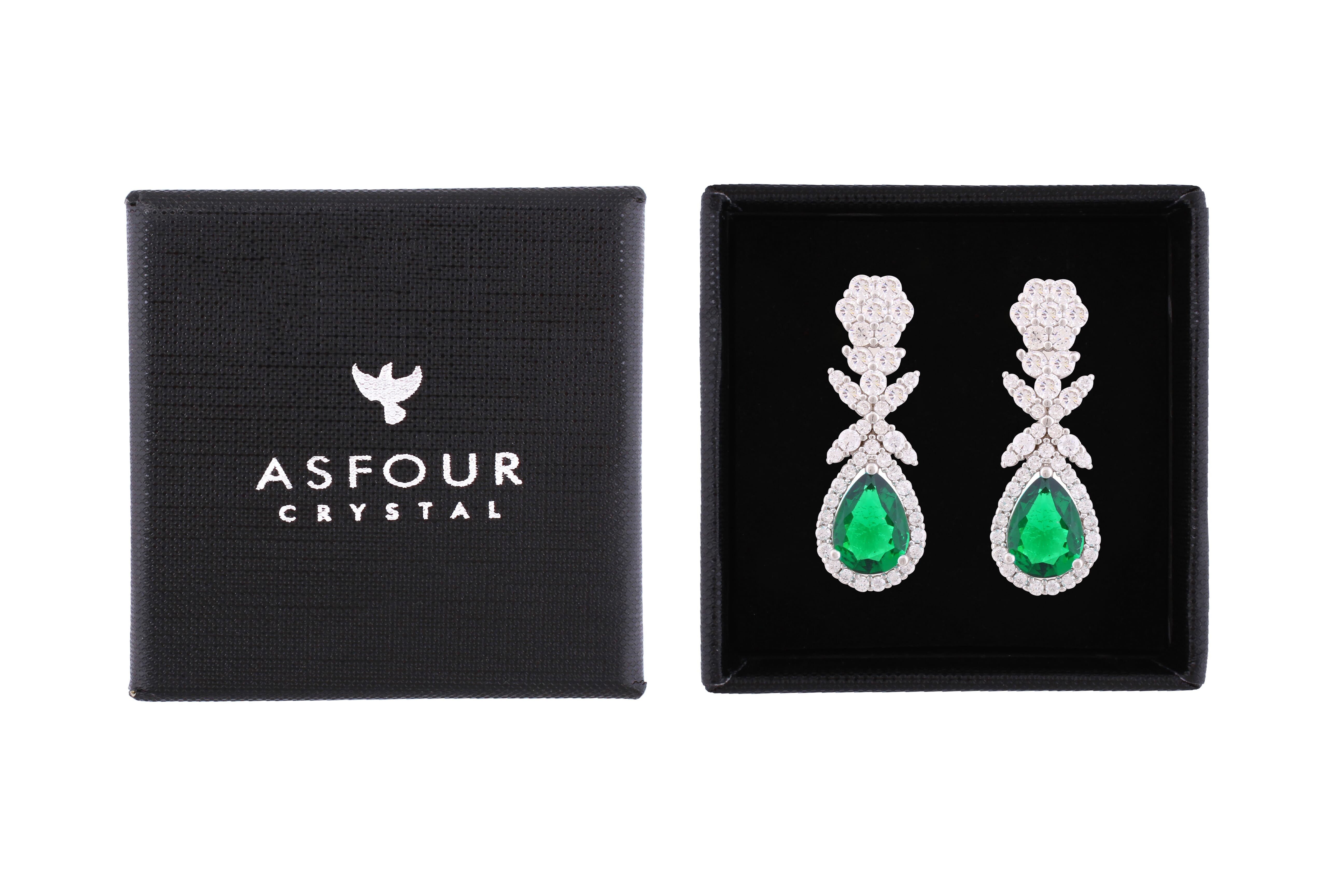 Asfour Crystal Stud Earrings With Emerald Decorative Pear Design In 925 Sterling Silver-ED0120-WG