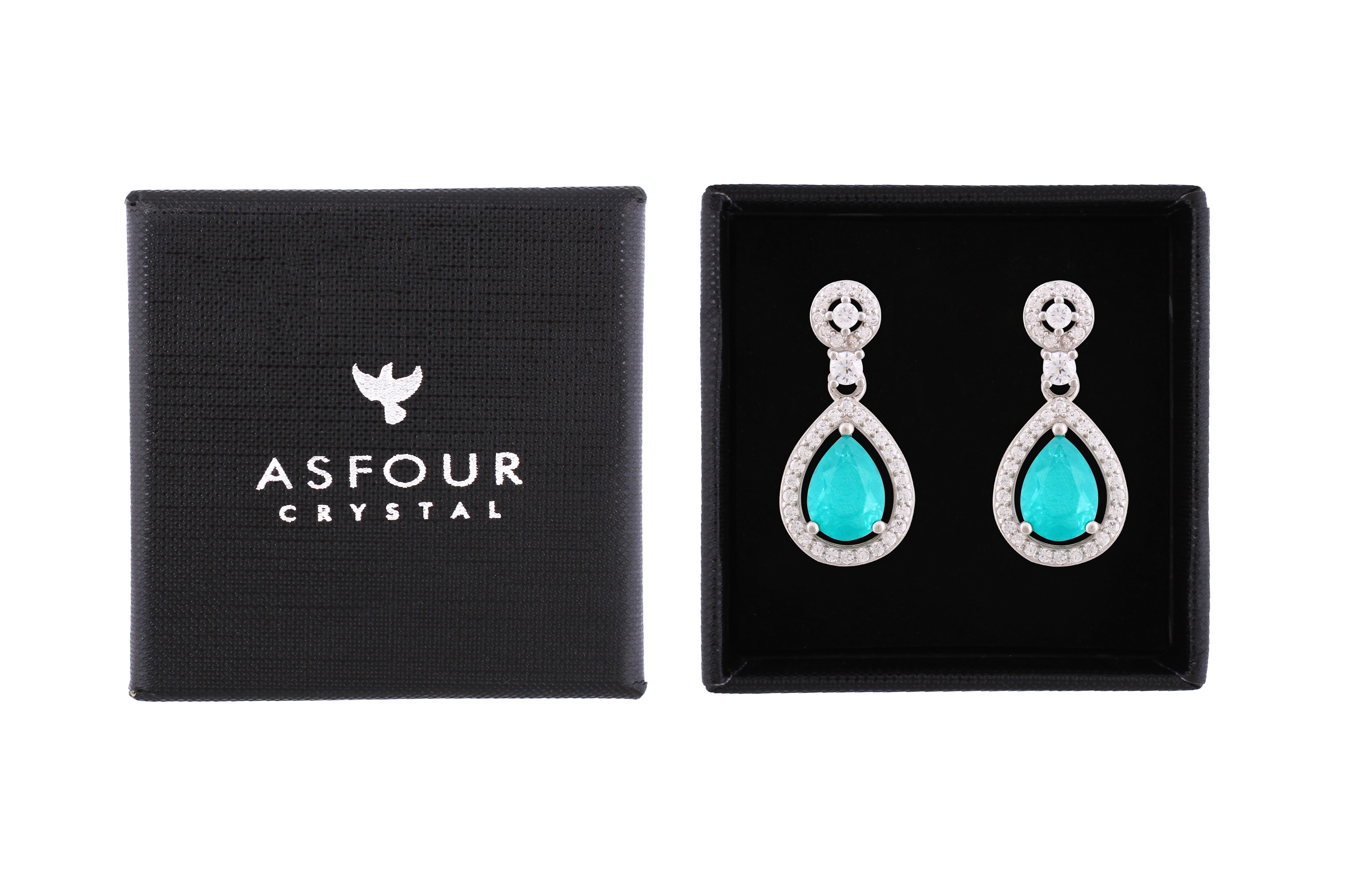 Asfour Crystal Stud Earrings With Turquoise Pear Design In 925 Sterling Silver-ED0121-GC