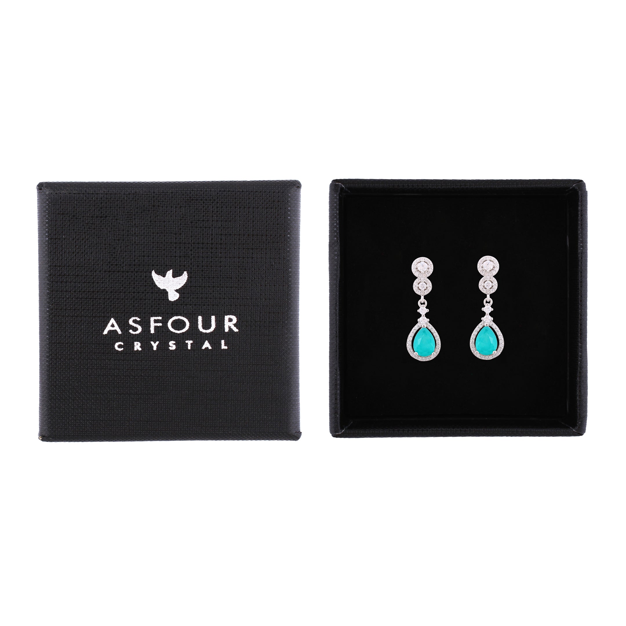 Asfour Crystal Stud Earrings With Turquoise Pear Design In 925 Sterling Silver-ED0122-GC