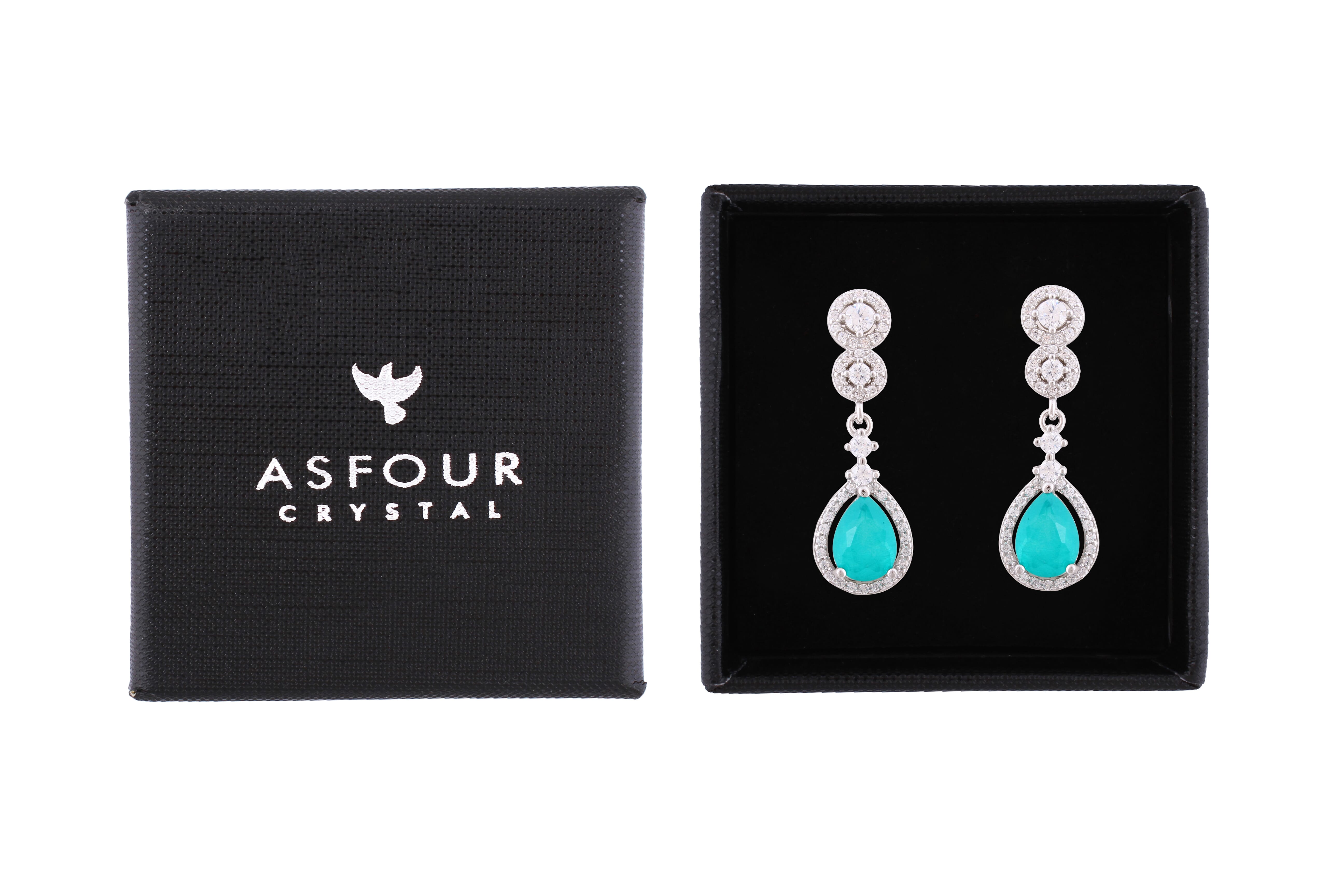 Asfour Crystal Stud Earrings With Turquoise Pear Design In 925 Sterling Silver-ED0122-GC