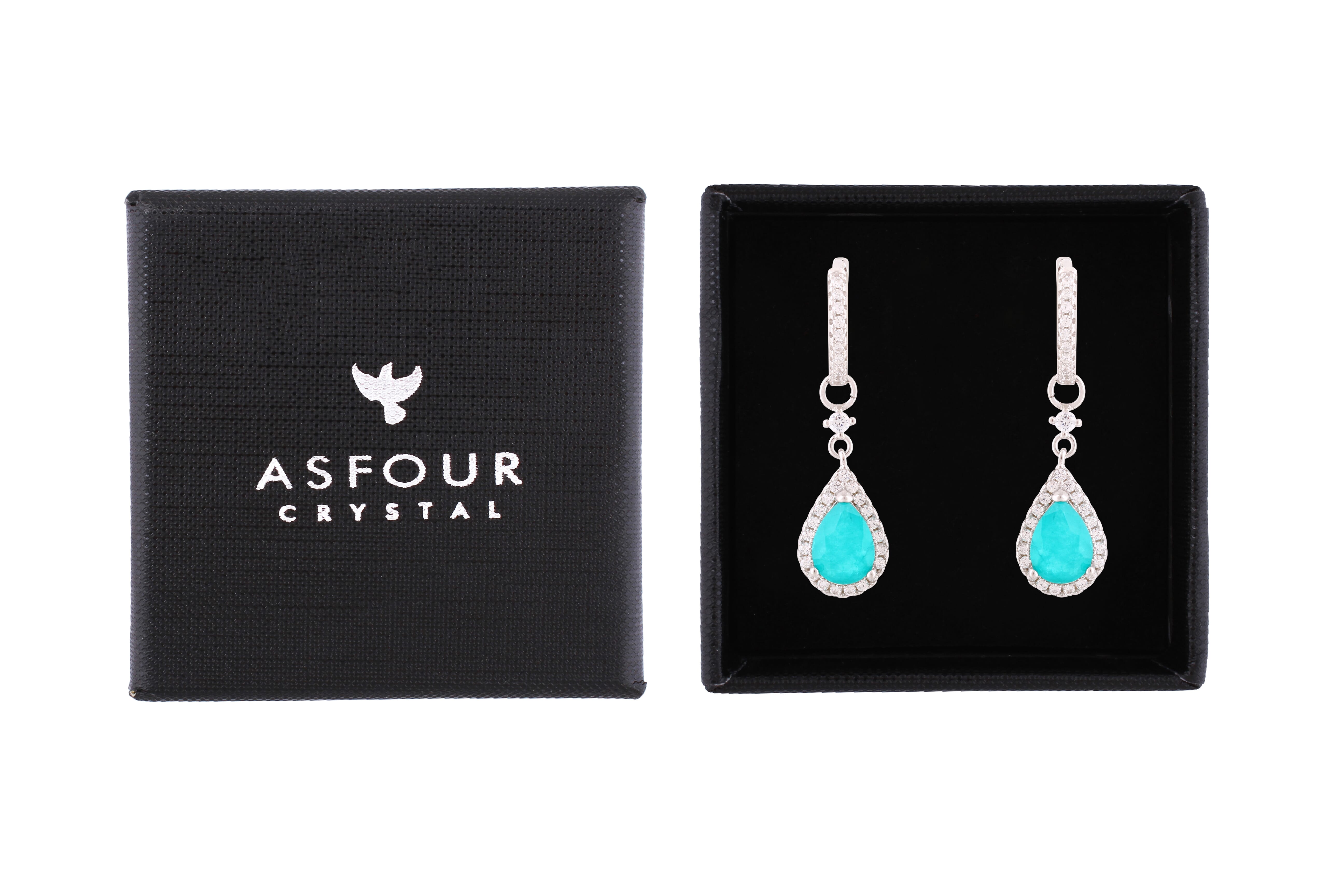 Asfour Crystal Hoop Earrings With Turquoise Pear Design In 925 Sterling Silver-ED0123-GC