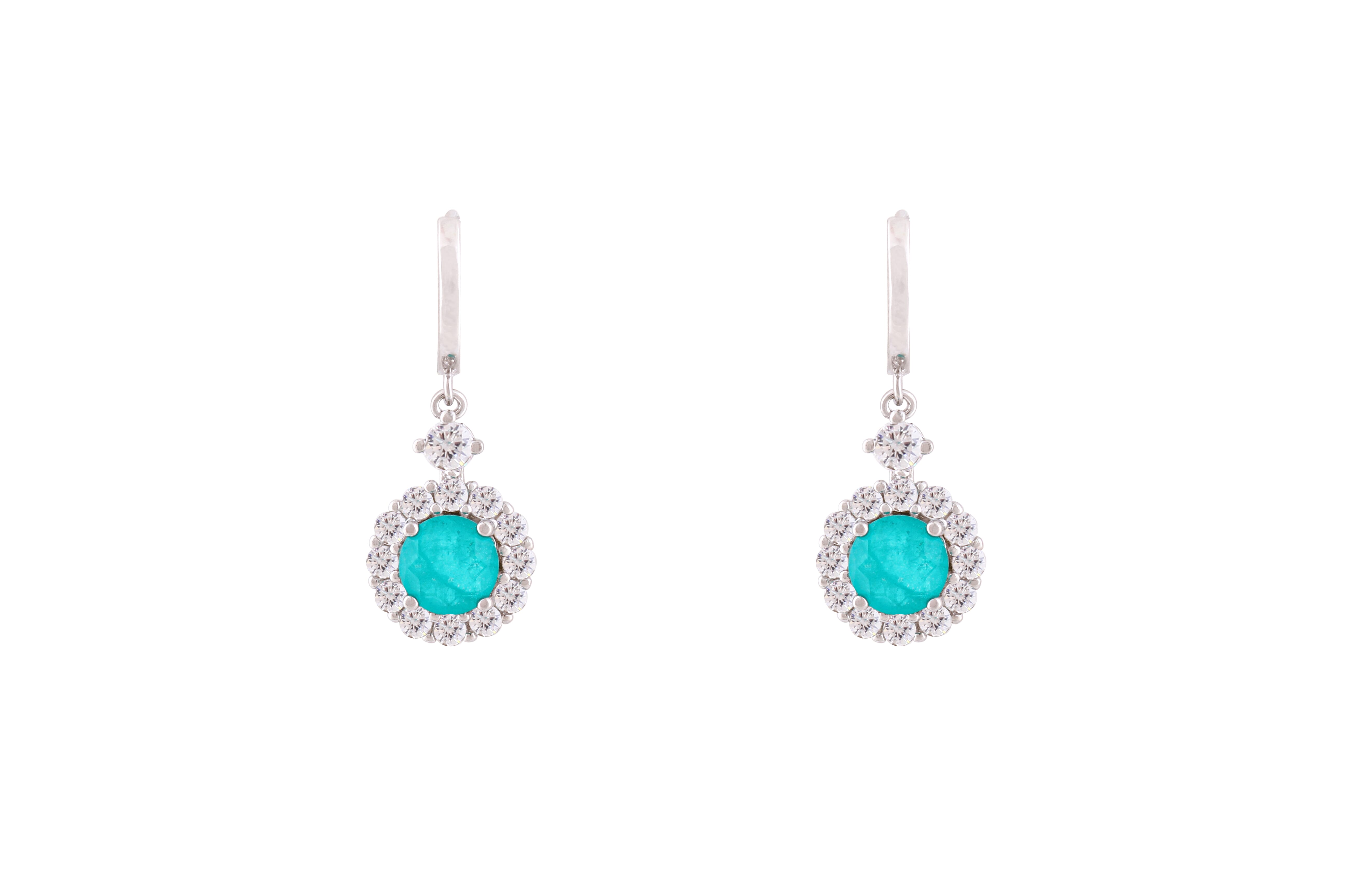 Asfour Crystal Hoop Earrings With Halo Turquoise Round Stone In 925 Sterling Silver-ED0124-GC