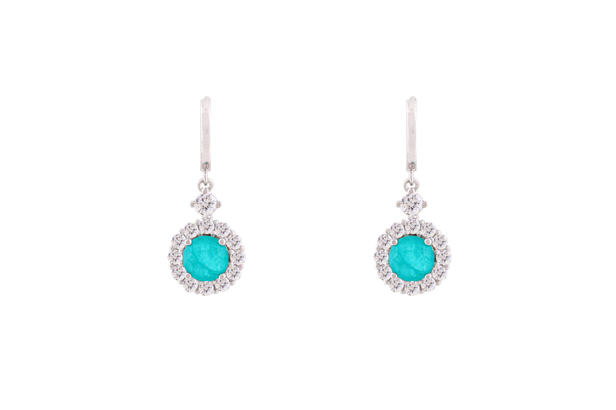 Asfour Crystal Hoop Earrings With Halo Turquoise Round Stone In 925 Sterling Silver-ED0124-GC