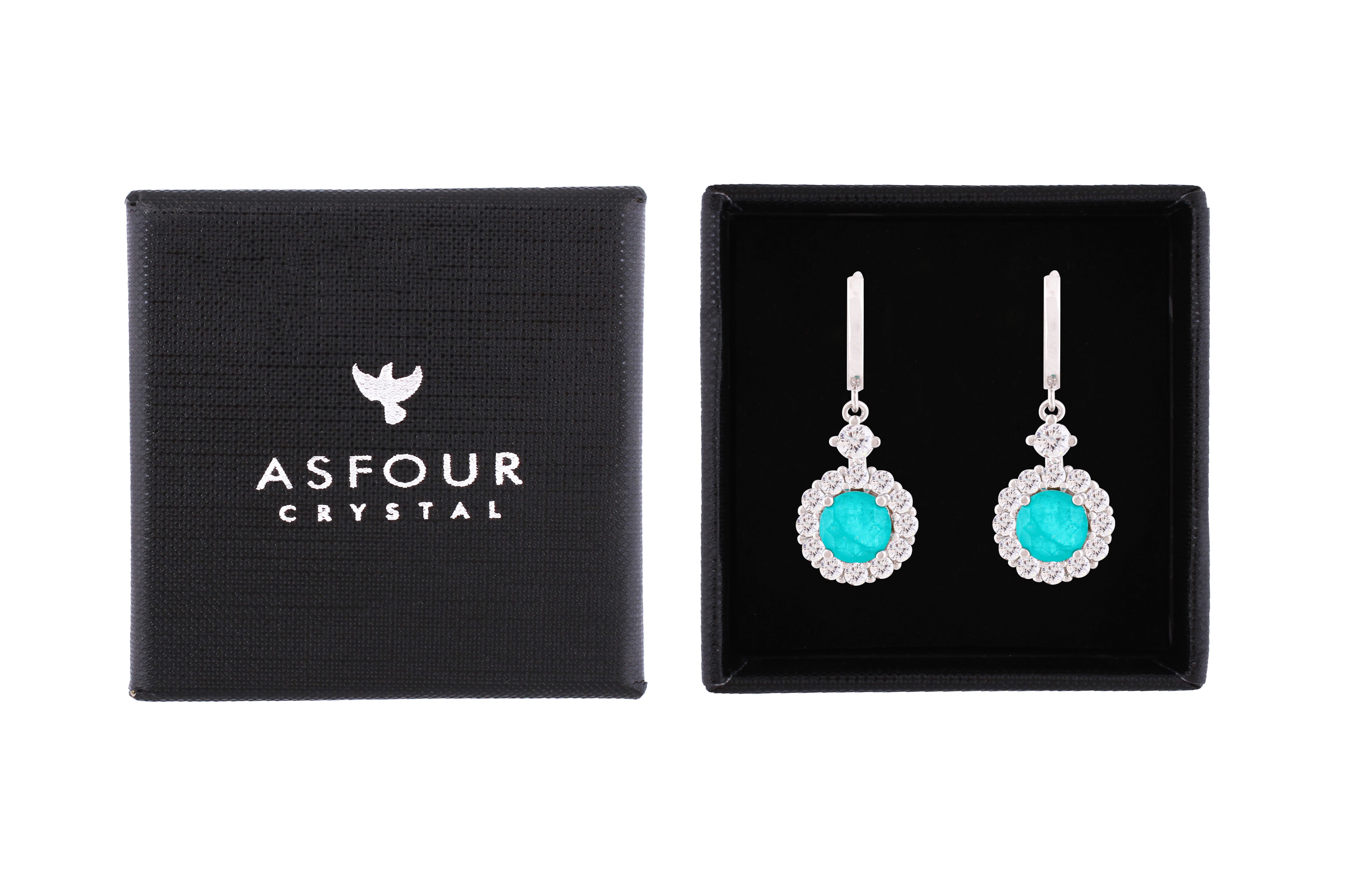 Asfour Crystal Hoop Earrings With Halo Turquoise Round Stone In 925 Sterling Silver-ED0124-GC