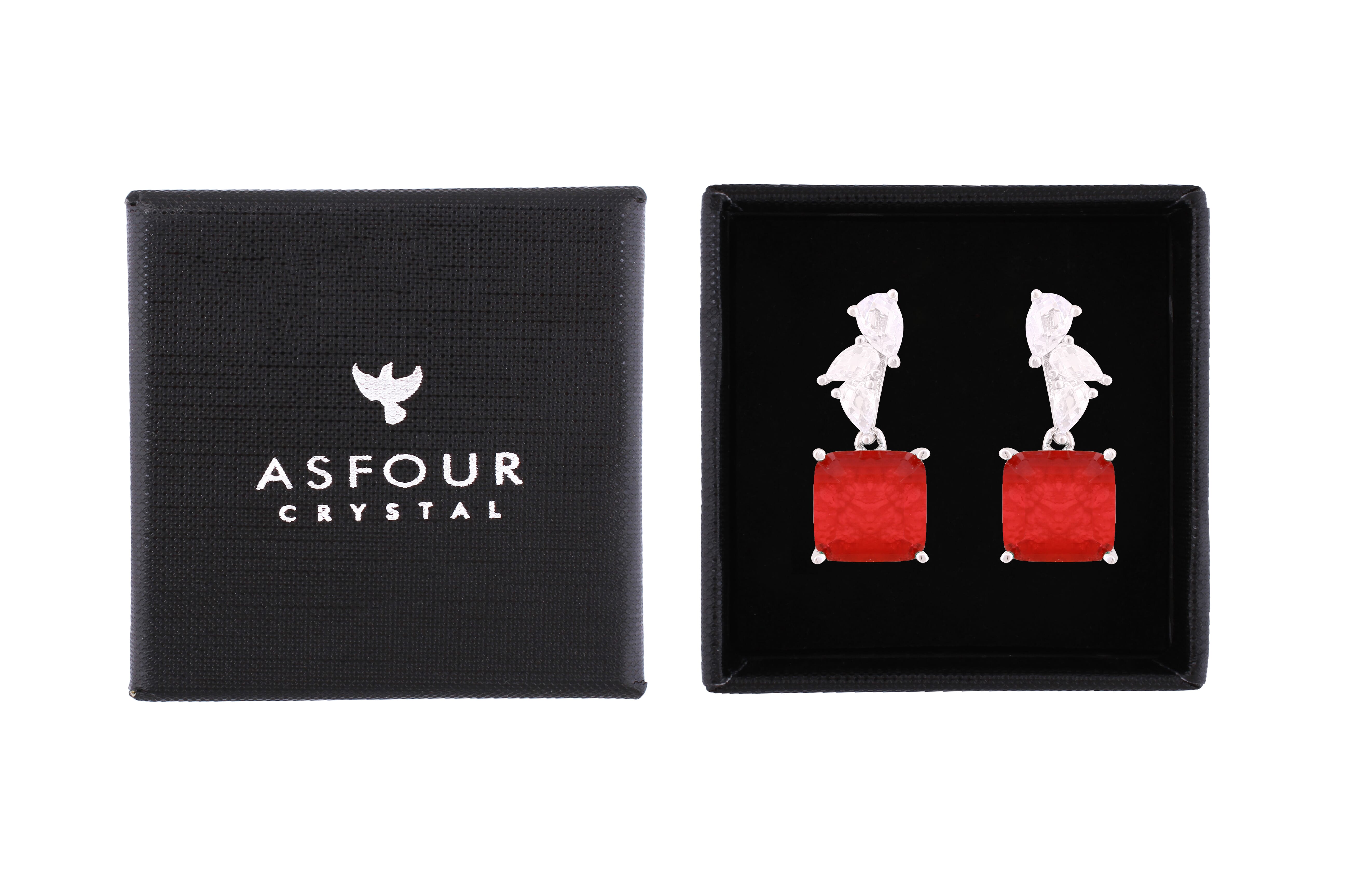 Asfour Crystal Stud Earrings With Decorative Fuchsia Square Design In 925 Sterling Silver-ED0125-F