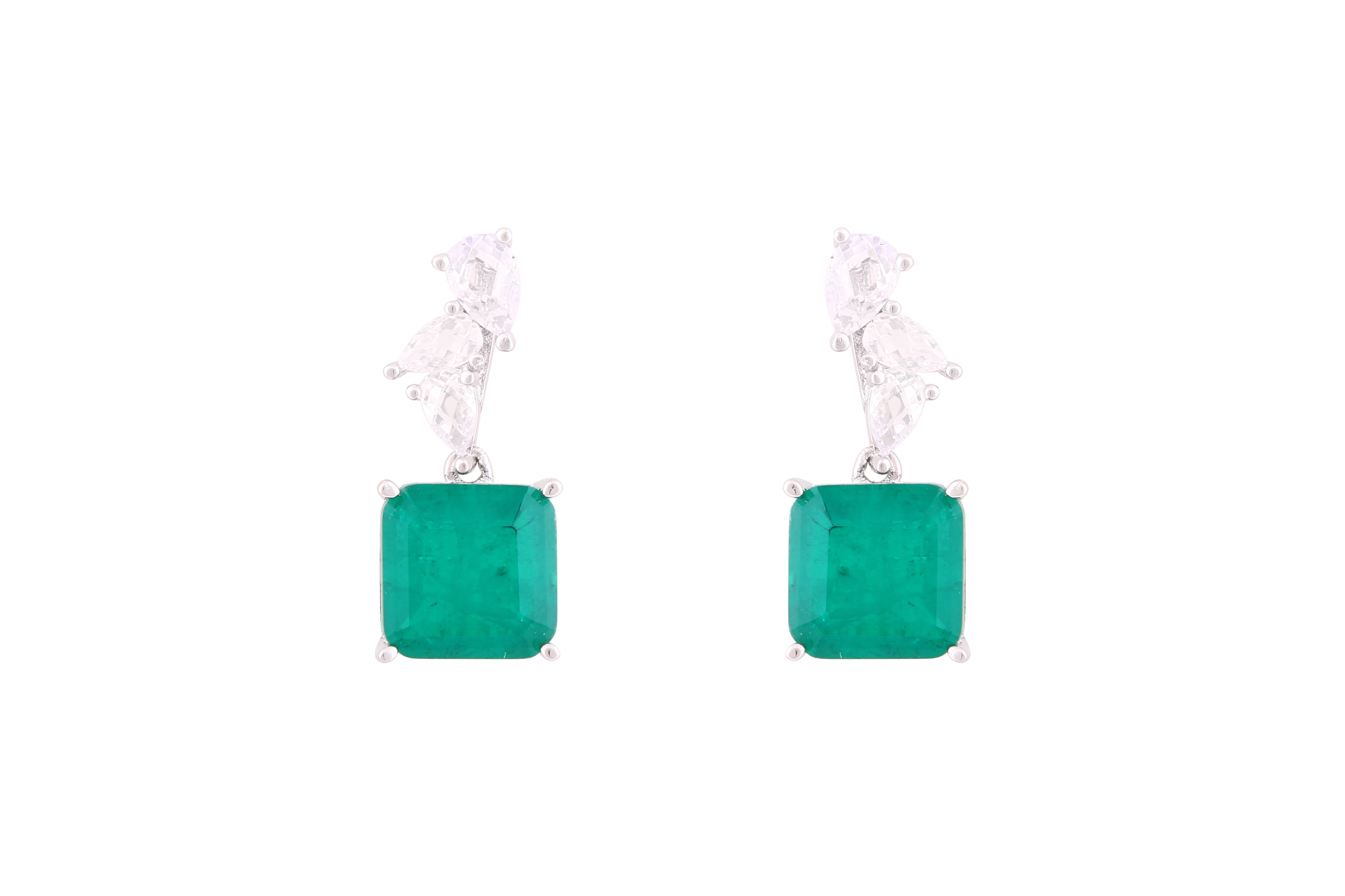 Asfour Crystal Stud Earrings With Decorative Emerald Square Design In 925 Sterling Silver-ED0125-G