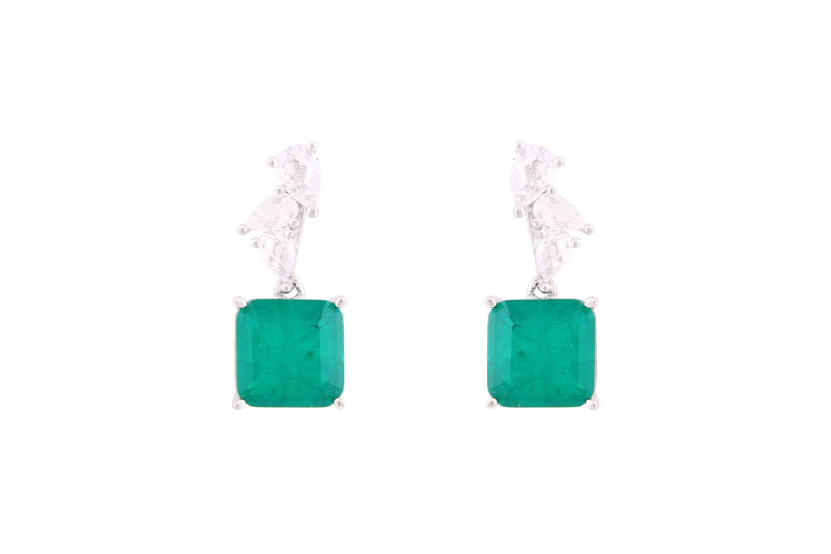 Asfour Crystal Stud Earrings With Decorative Emerald Square Design In 925 Sterling Silver-ED0125-G