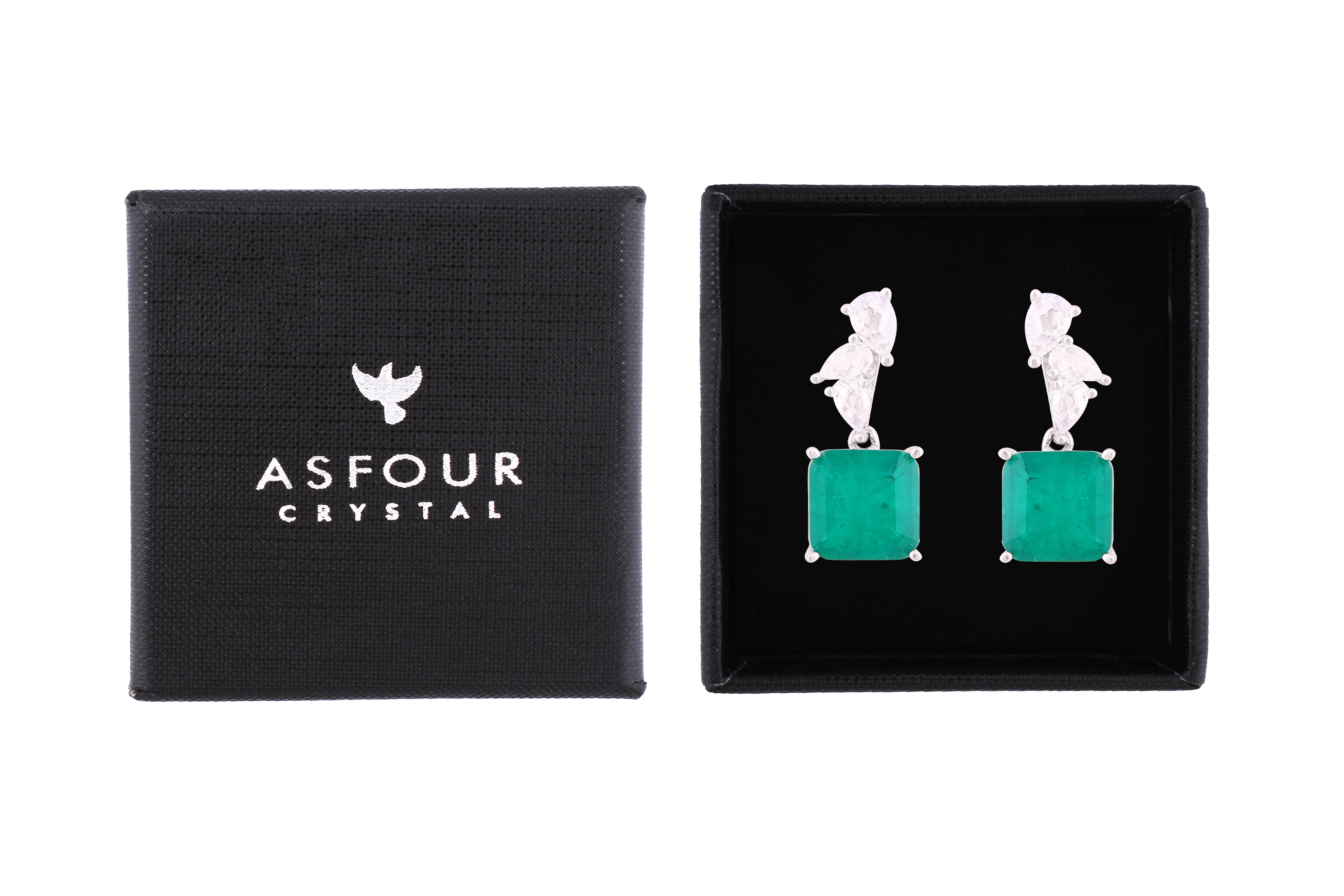 Asfour Crystal Stud Earrings With Decorative Emerald Square Design In 925 Sterling Silver-ED0125-G