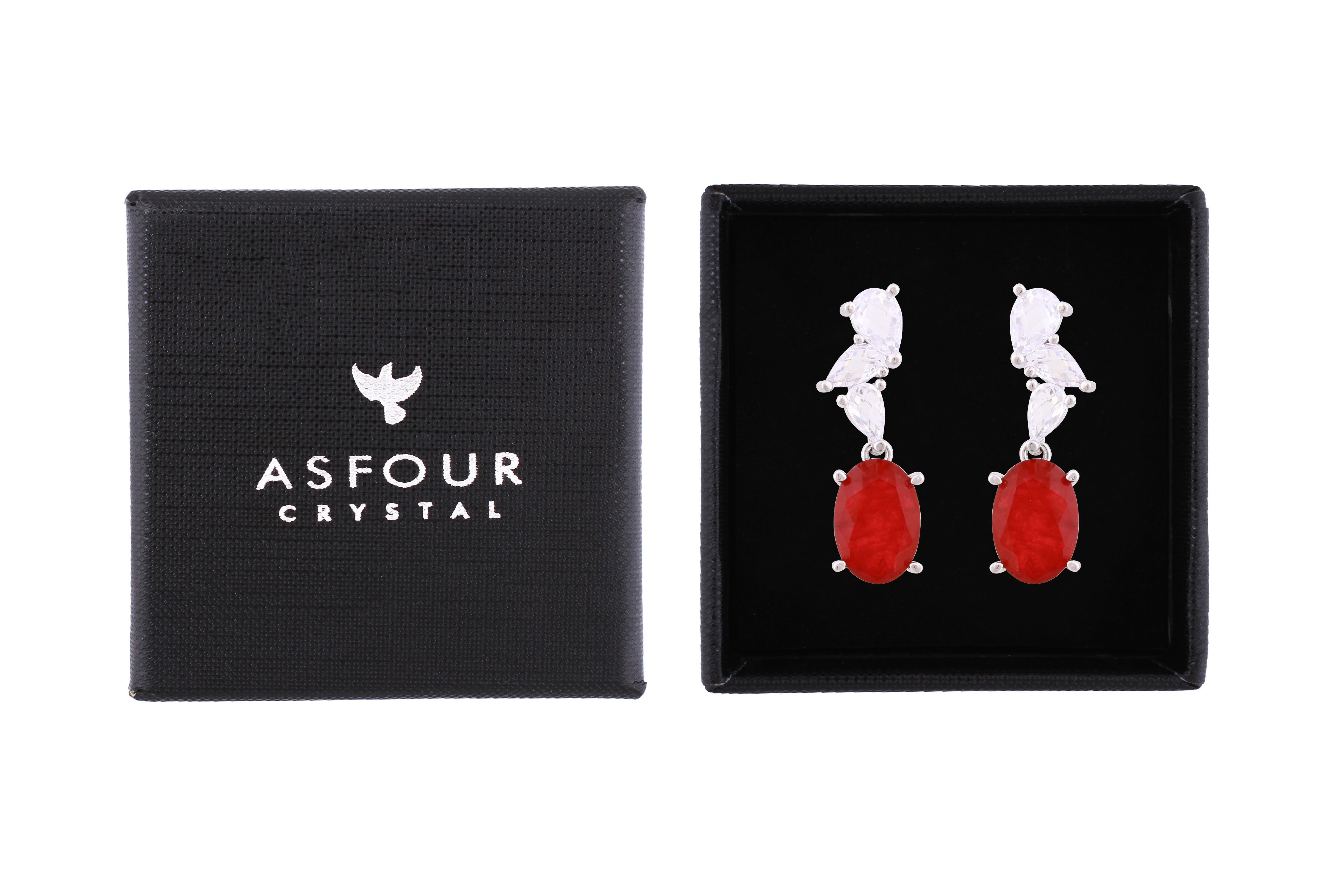 Asfour Crystal Stud Earrings With Decorative Fuchsia Oval Design In 925 Sterling Silver-ED0126-F