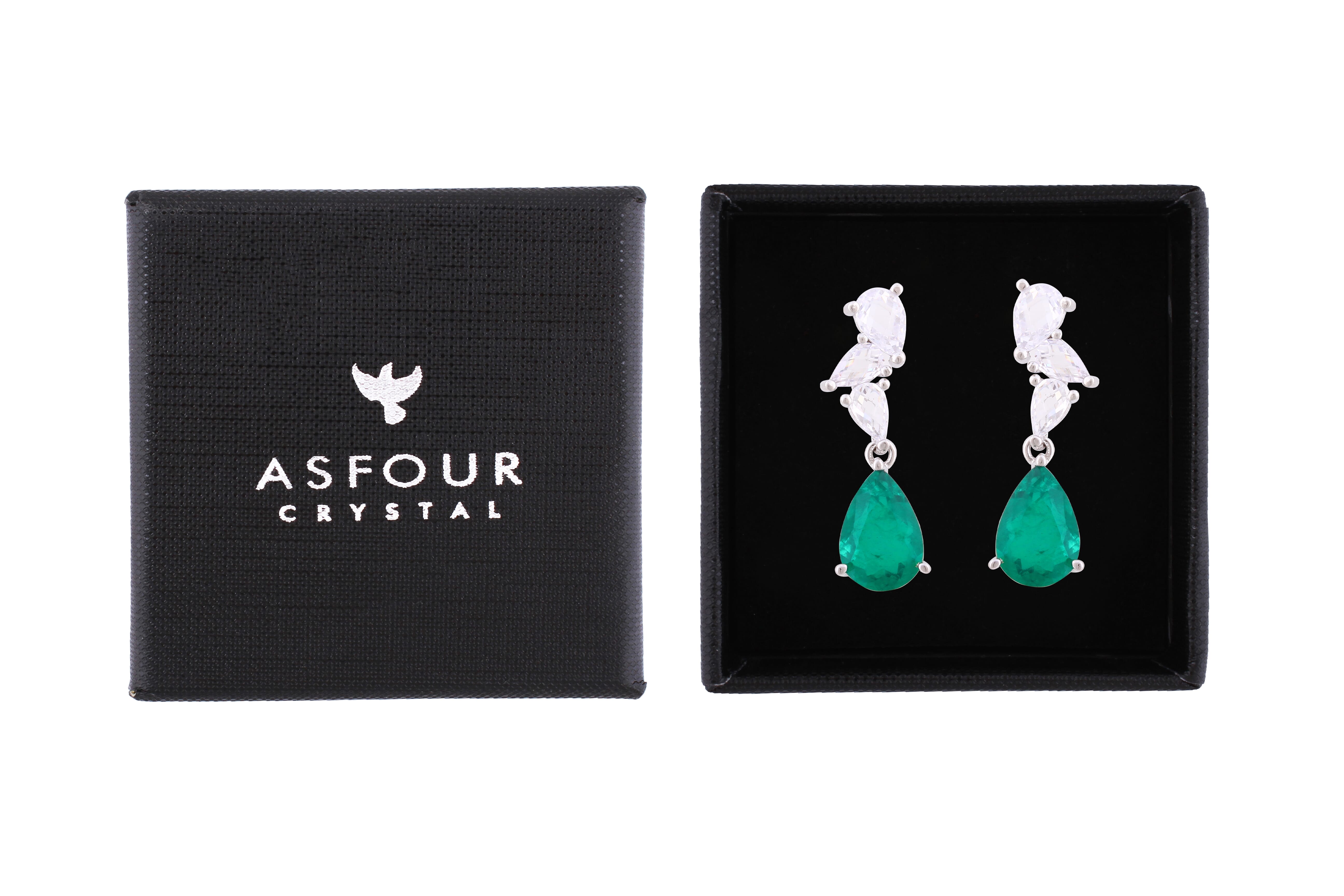 Asfour Crystal Stud Earrings With Decorative Emerald Pear Design In 925 Sterling Silver-ED0127-G