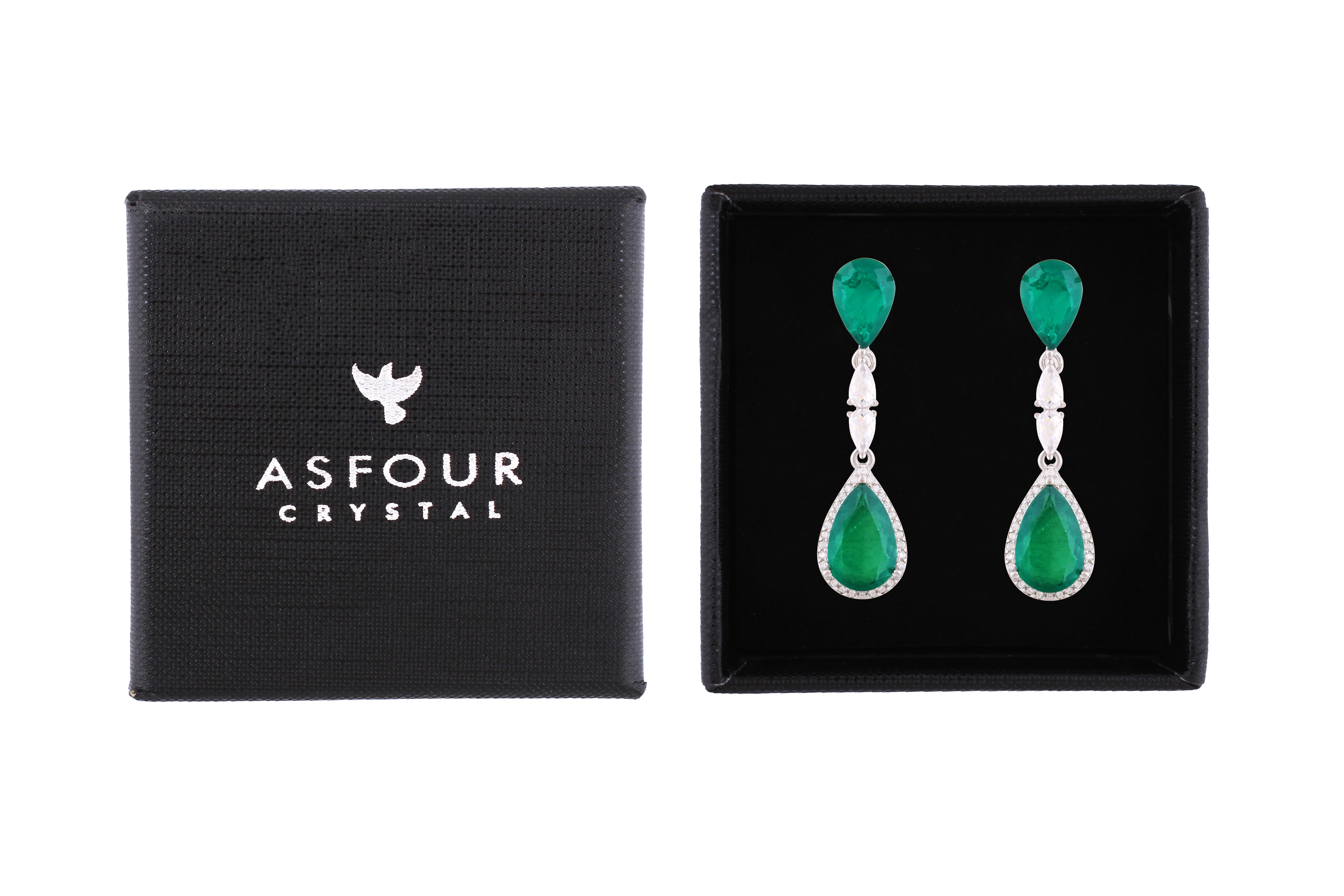 Asfour Crystal Stud Earrings With Emerald Pear Design In 925 Sterling Silver-ED0128-G