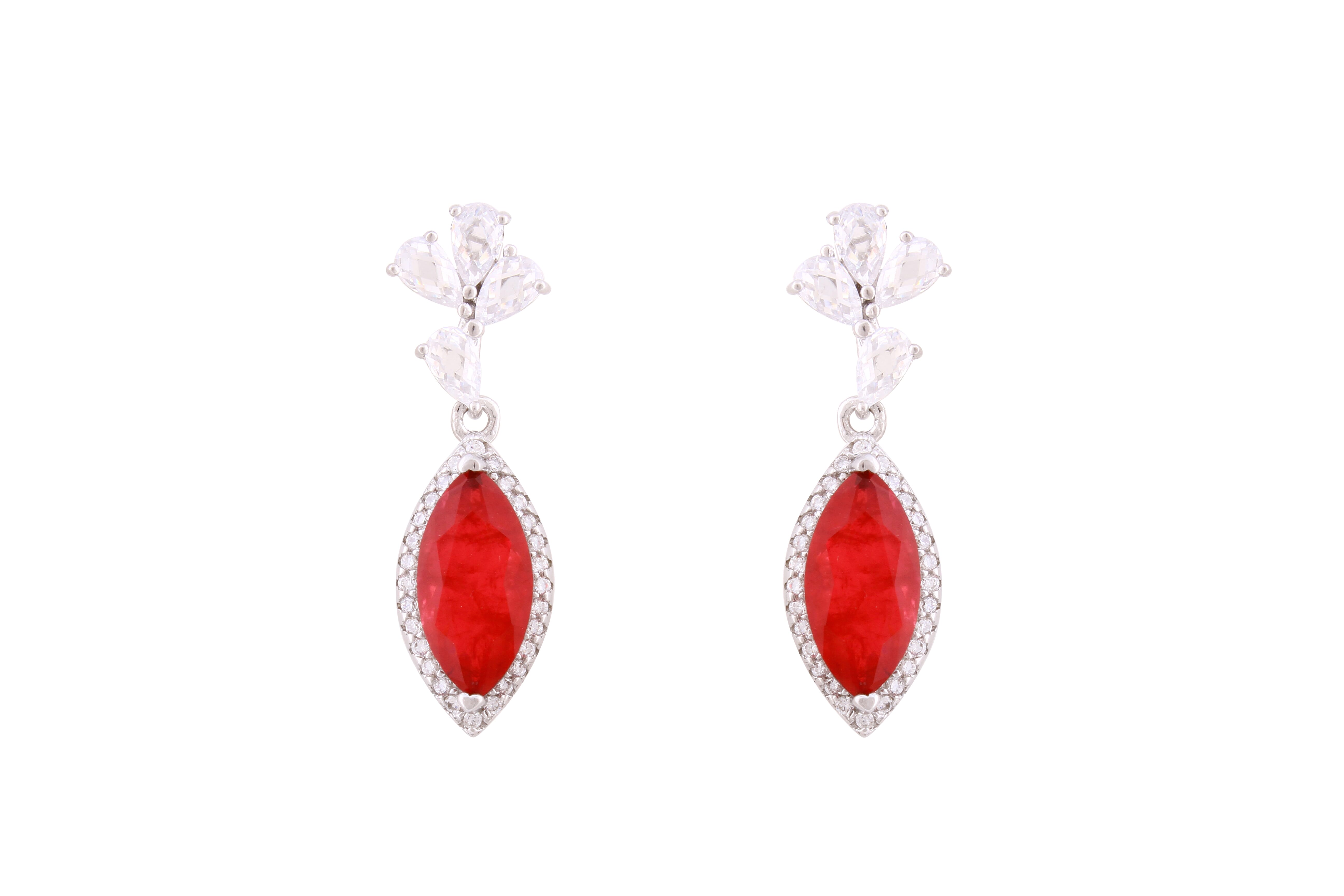 Asfour Crystal Stud Earrings With Ruby Marquise Design In 925 Sterling Silver-ED0129-F