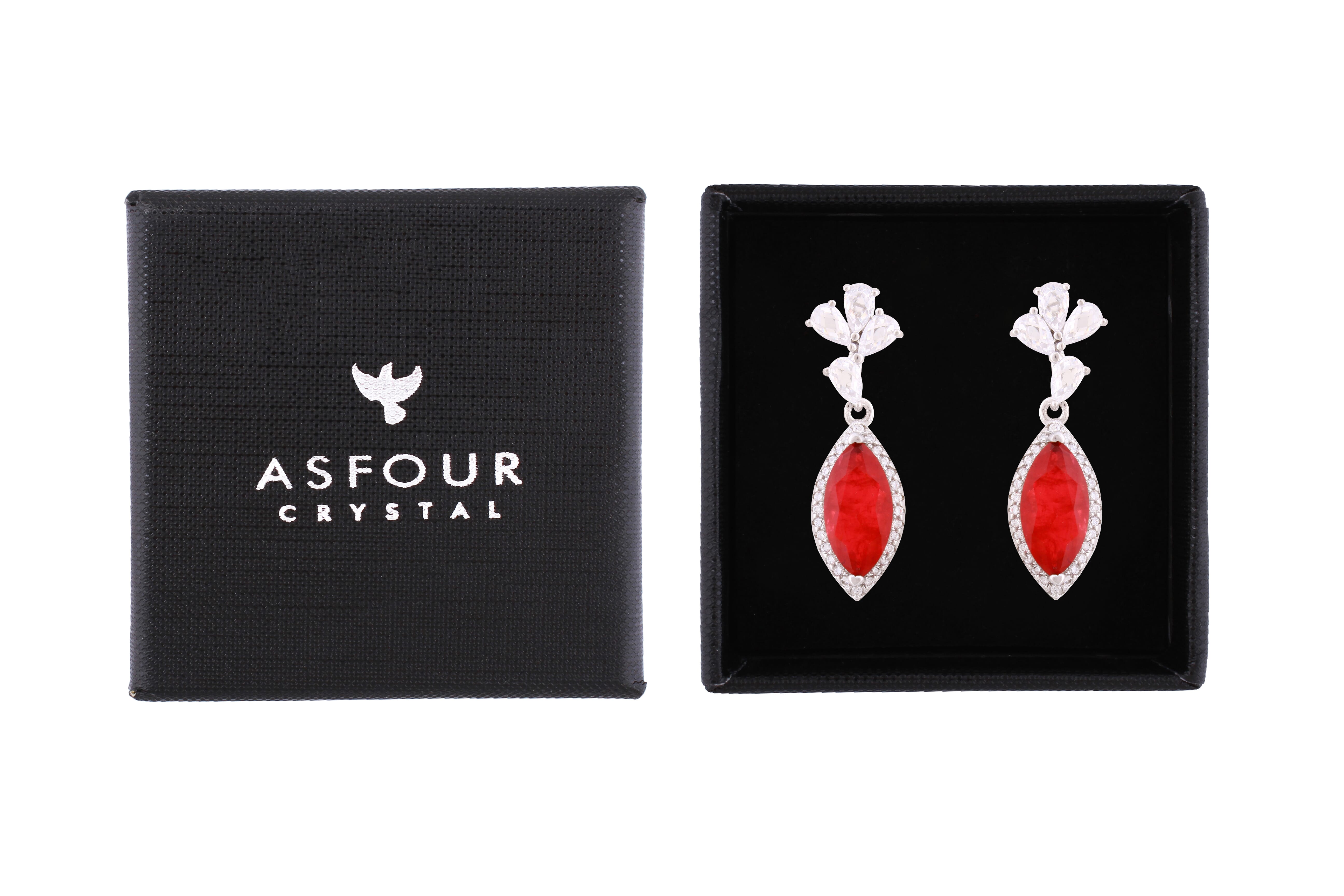 Asfour Crystal Stud Earrings With Ruby Marquise Design In 925 Sterling Silver-ED0129-F