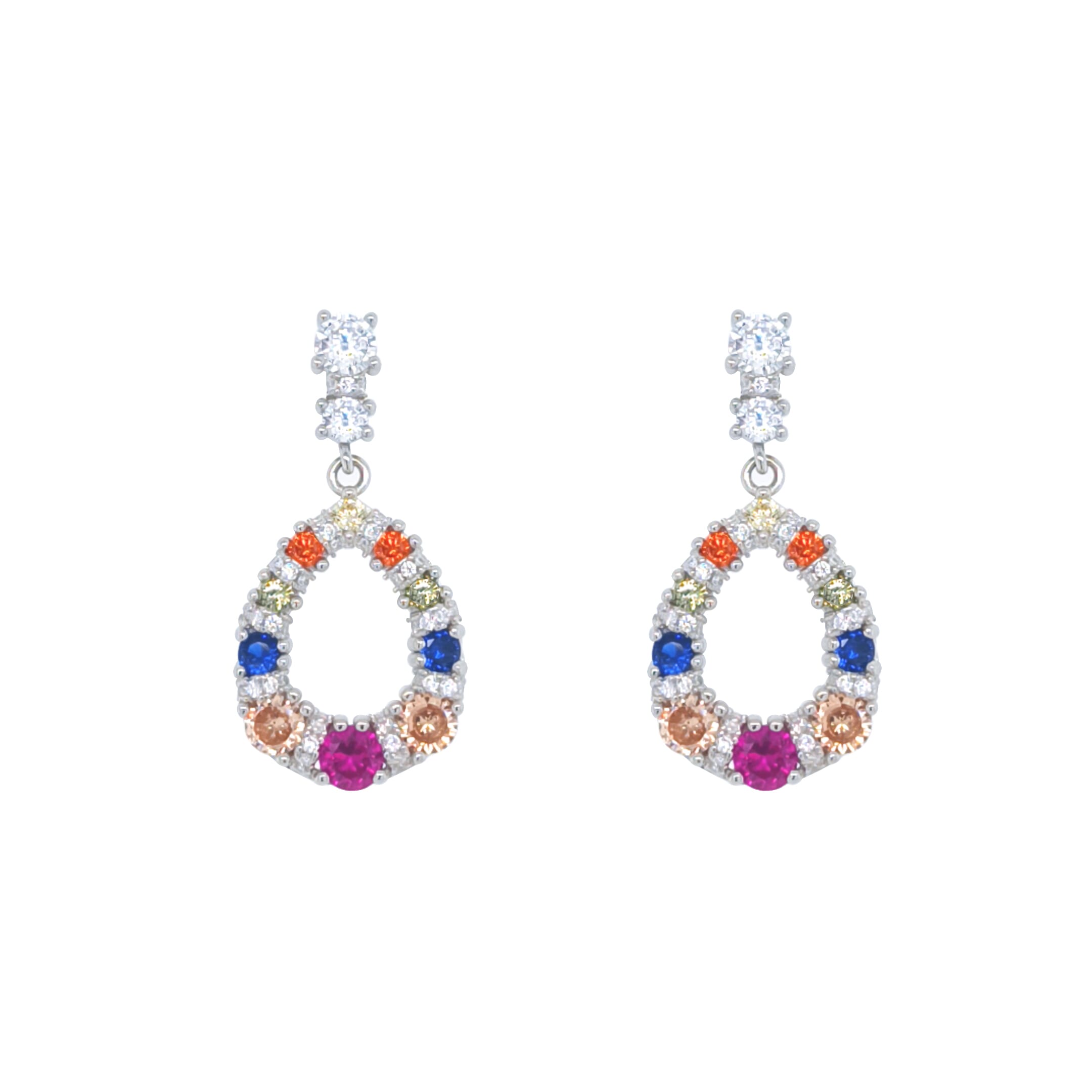 Asfour Crystal Hoop Earrings With Halo Turquoise Round Stone In 925 Sterling Silver-ED0124-GC