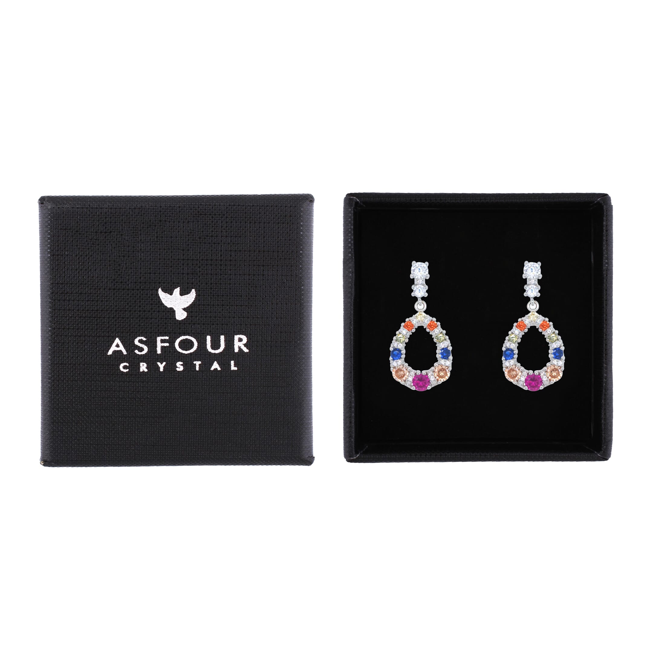 Asfour Crystal Stud Earrings With Multi Color Hollow Pear In 925 Sterling Silver-ED0133-K
