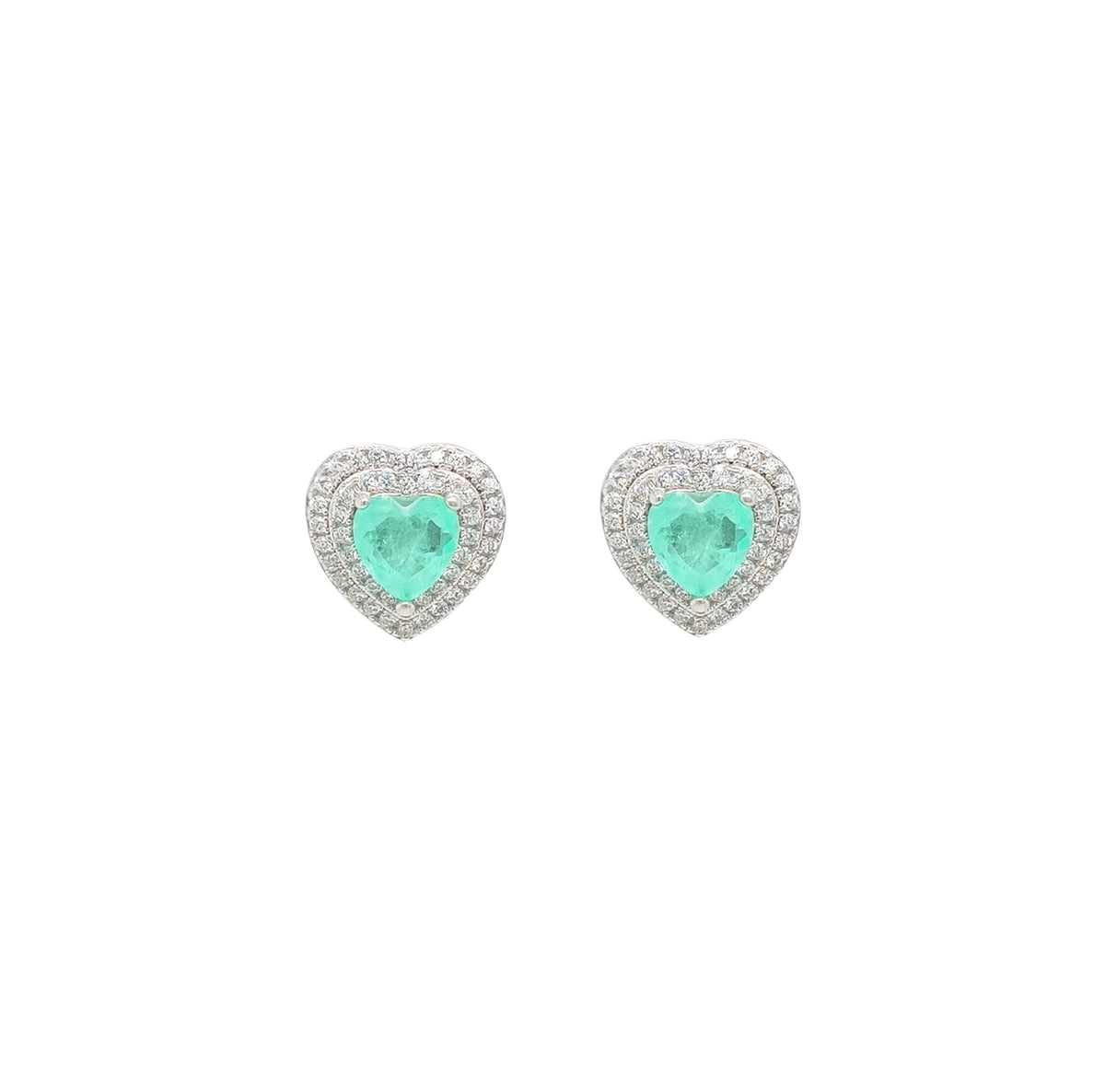 Asfour Crystal Asfour Crystal 925 Silver Heart Stud Earring With Clear & Green Zircon Lobes - Silver EK0024-GA