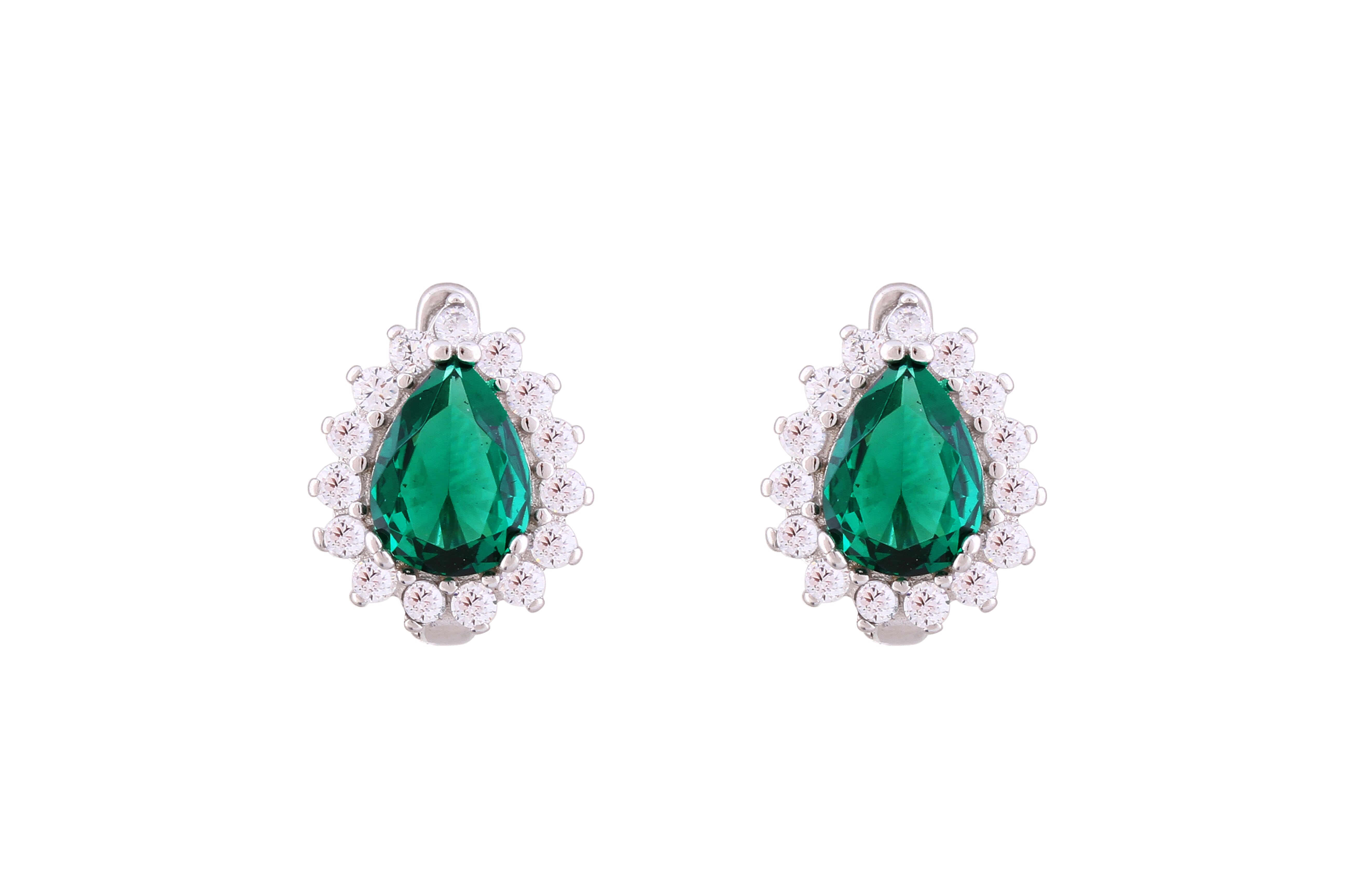 Asfour Crystal Halo Earrings With Emerald Pear Zircon Stone In 925 Sterling Silver-EM0003-G