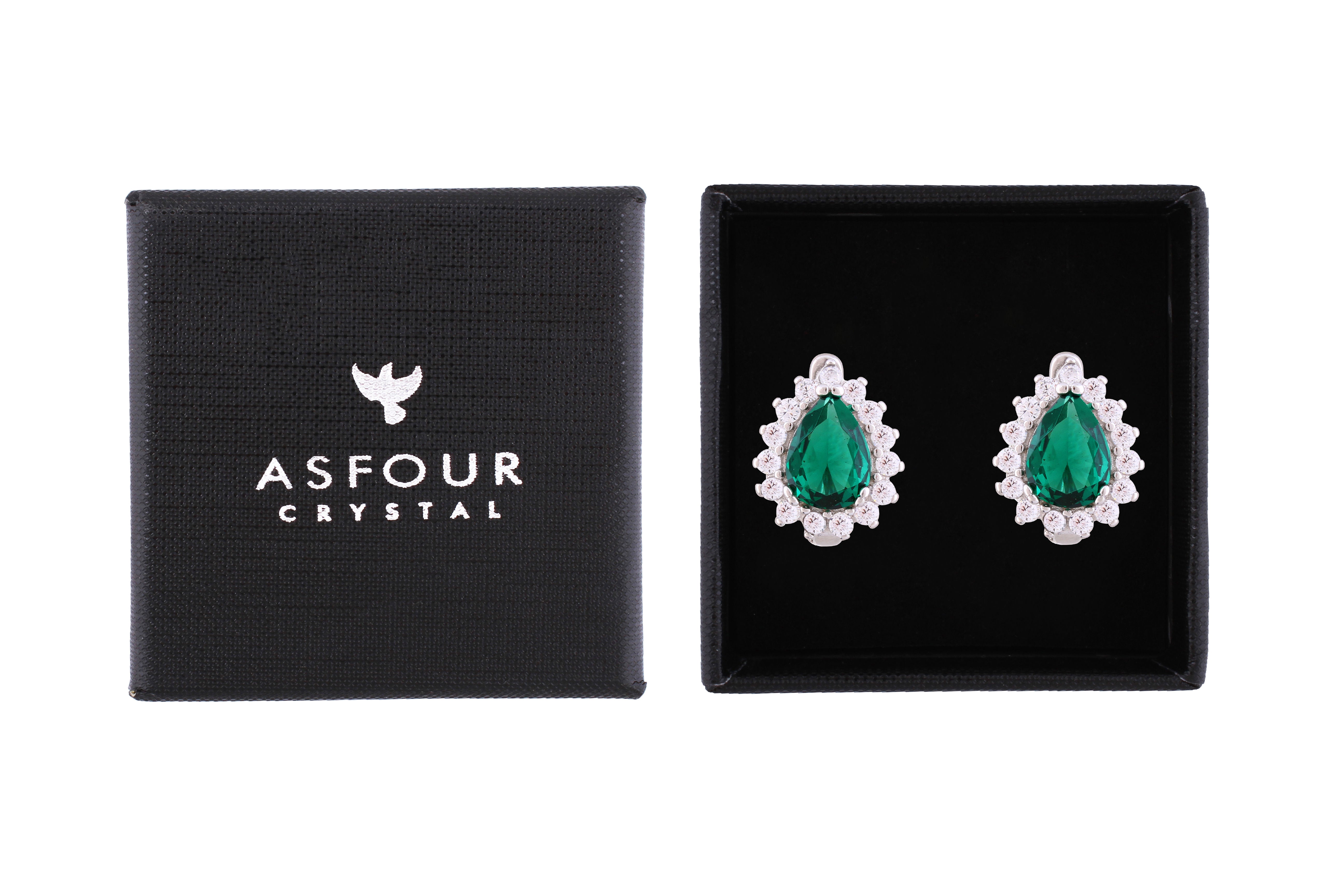 Asfour Crystal Halo Earrings With Emerald Pear Zircon Stone In 925 Sterling Silver-EM0003-G