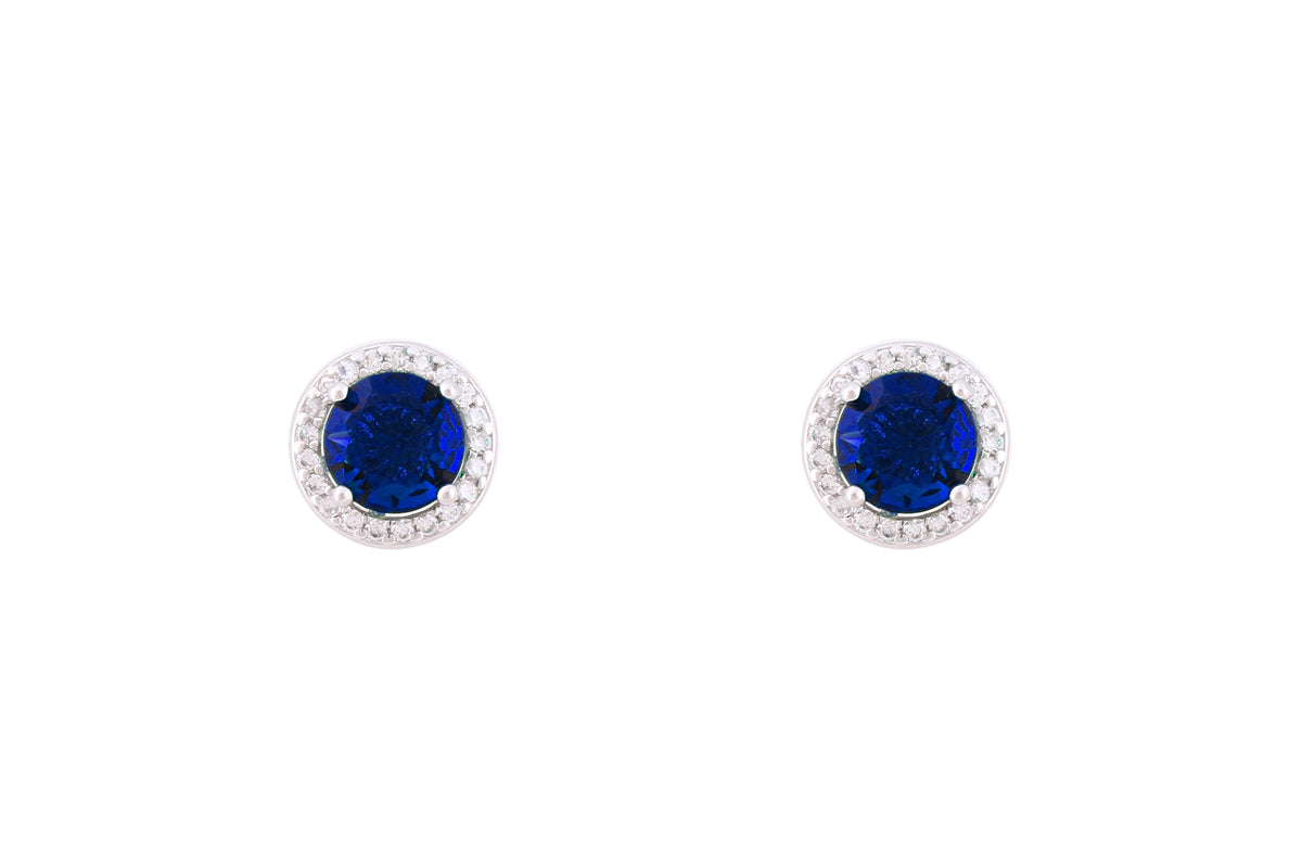 Asfour Crystal Stud Earrings With Blue Round Zircon Stones In 925 Sterling Silver-EM0004-B