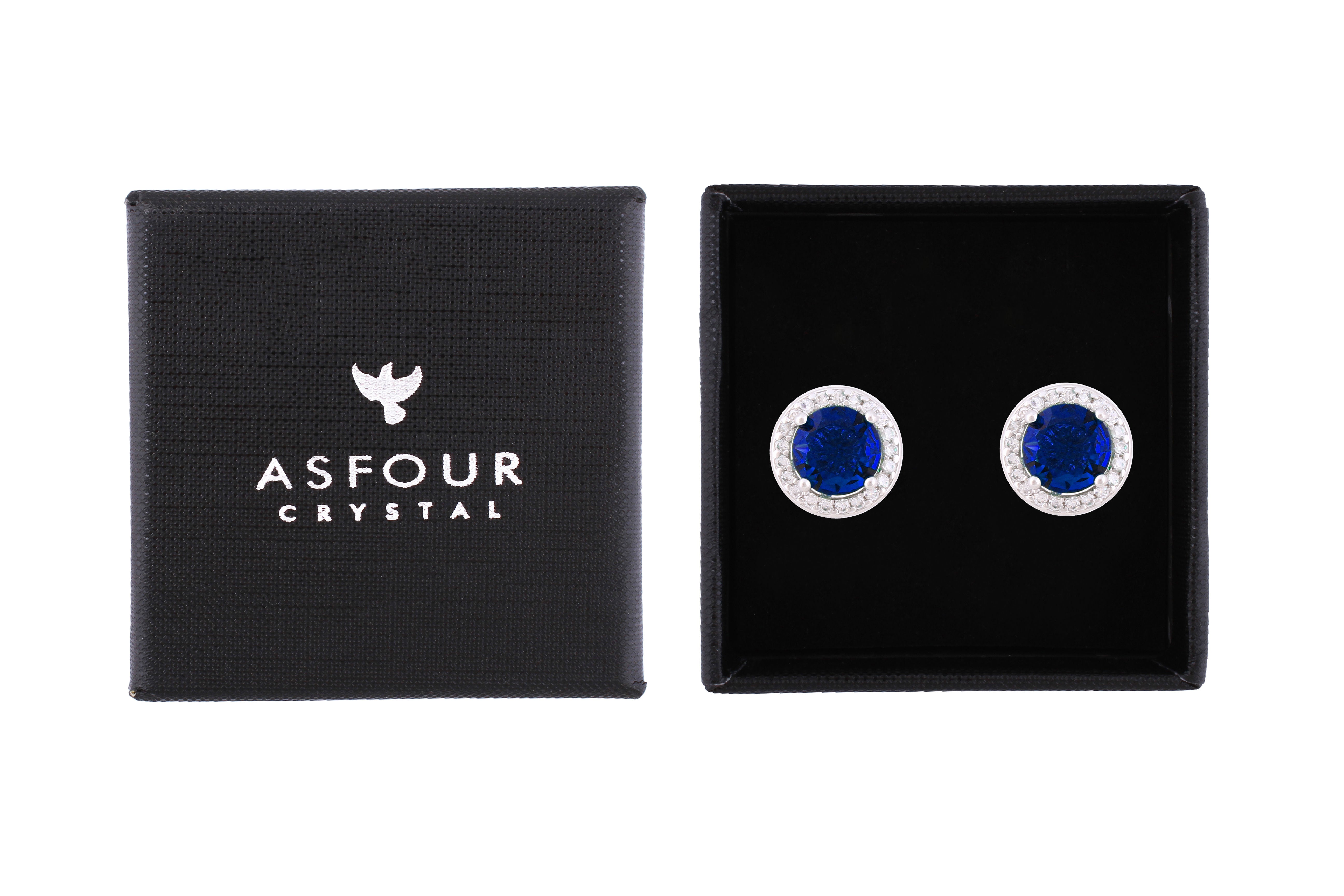 Asfour Crystal Stud Earrings With Blue Round Zircon Stones In 925 Sterling Silver-EM0004-B