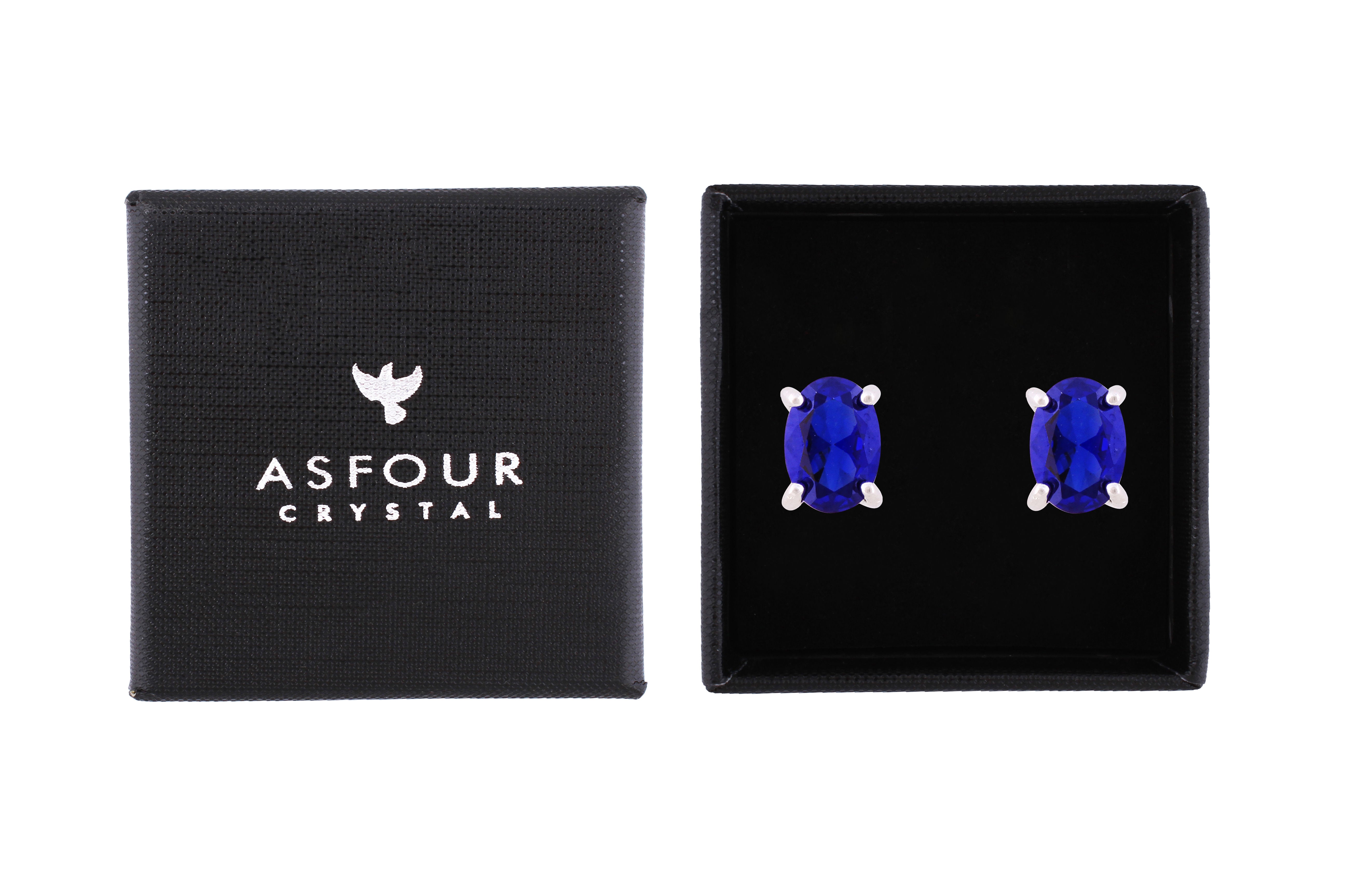 Asfour Crystal Stud Earrings With Blue Oval Zircon Stone In 925 Sterling Silver-EM0005-B