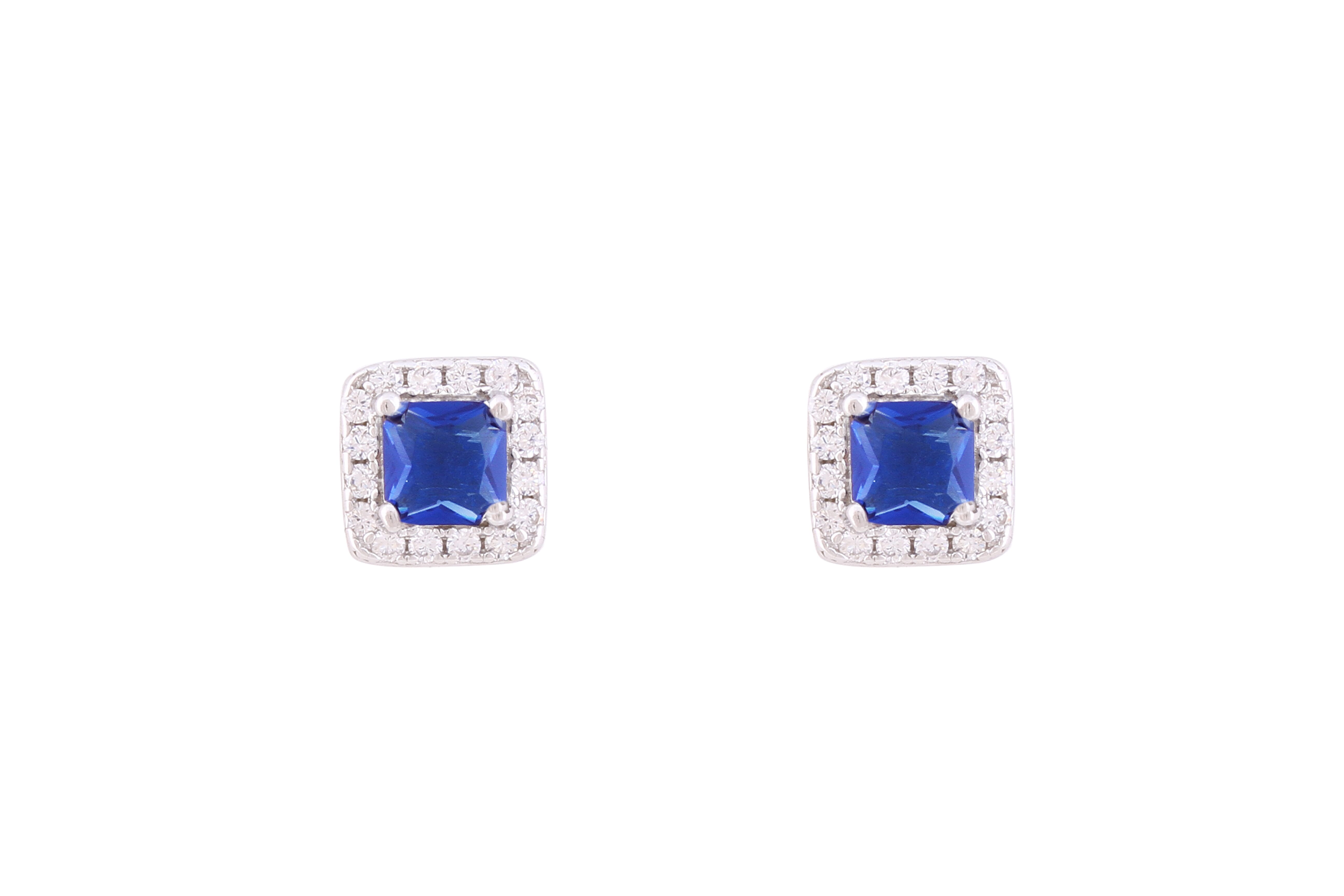 Asfour Crystal Stud Earrings With Square Blue Zircon Stone In 925 Sterling Silver-EM0006-B