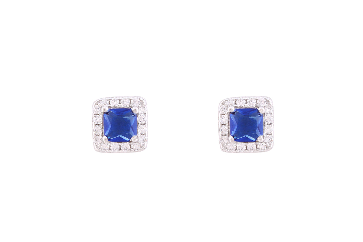 Asfour Crystal Stud Earrings With Square Blue Zircon Stone In 925 Sterling Silver-EM0006-B