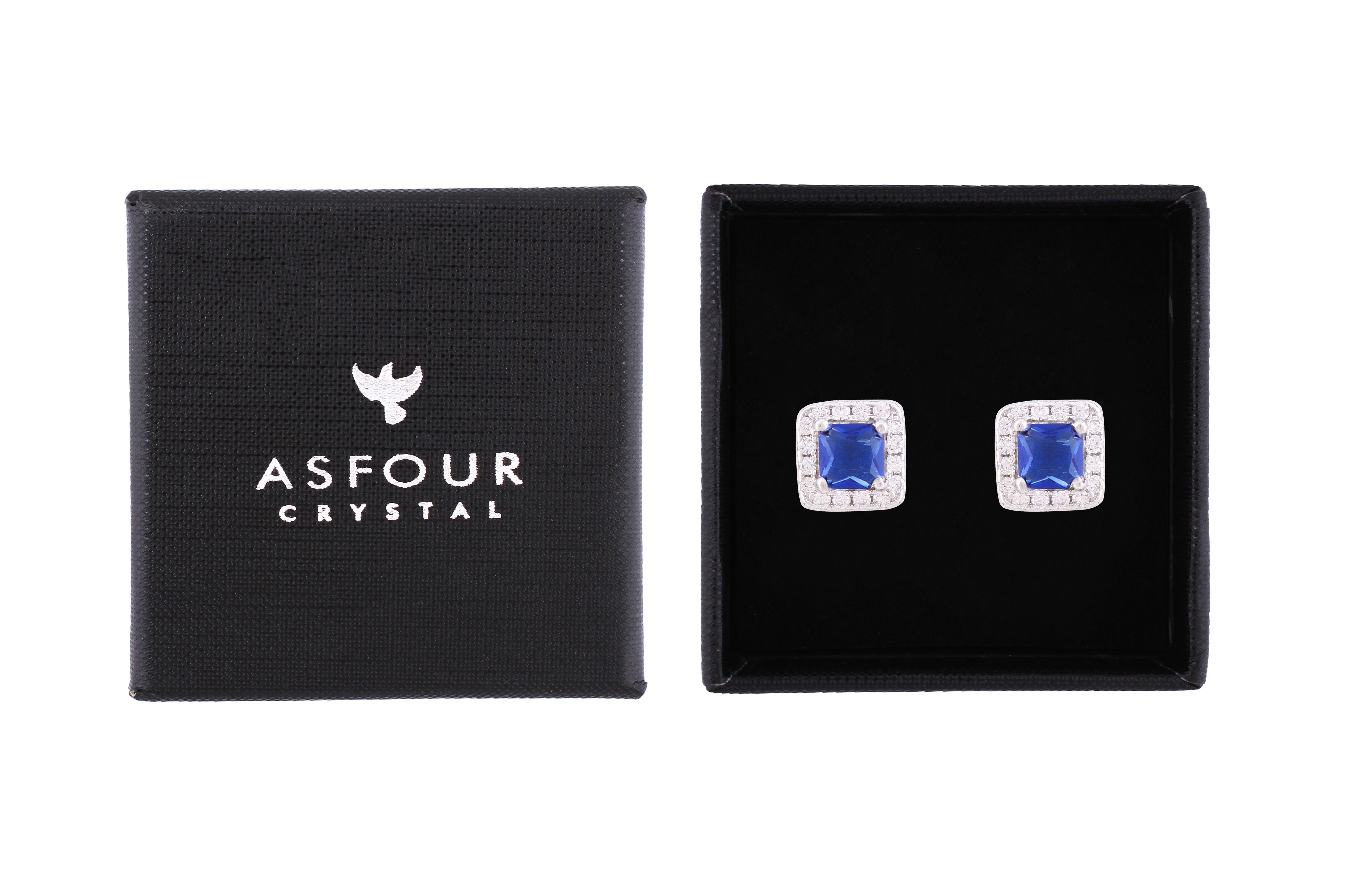 Asfour Crystal Stud Earrings With Square Blue Zircon Stone In 925 Sterling Silver-EM0006-B